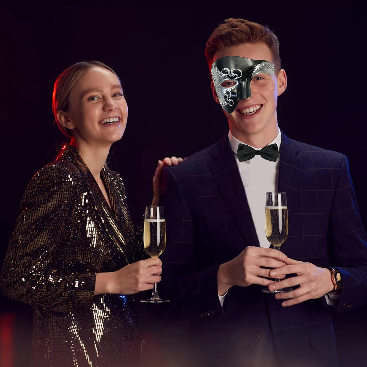 Hyperfun Masquerade Mask for Men Phantom of the Opera Half Face Mask with Bowtie, Vintage Venetian Masks for Costume Parties - Blue Pioneer image number 4