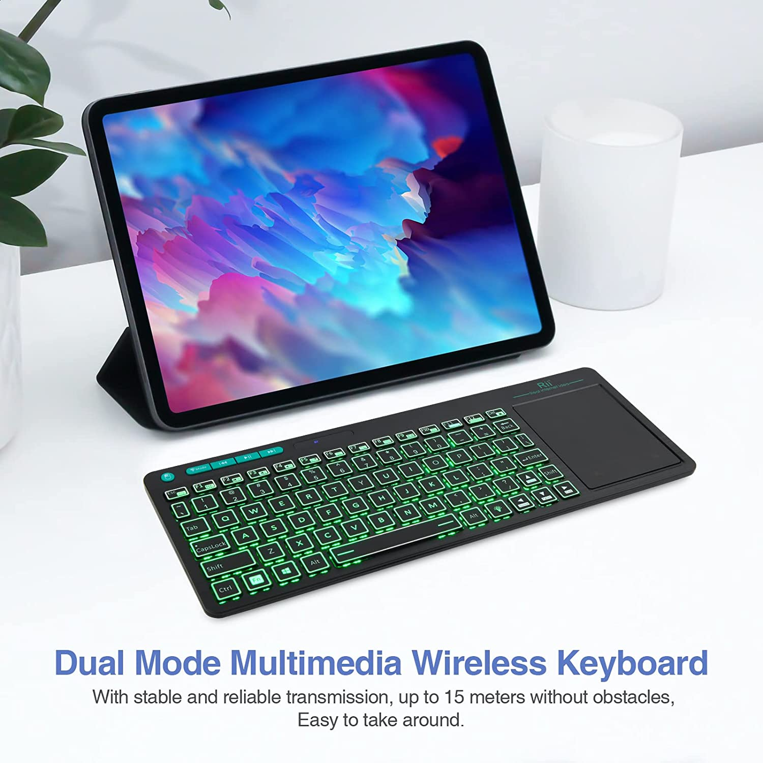 (Dual Mode) Rii RT518S Wireless and Bluetooth 2-LED Color Backlit Multimedia Keyboard with Multi-Touch Big Size Trackpad,Rechargable Keyboard for Android TV Box,Pc,Tablets,Smart TV, HTPC, Iptv,Windows image number 5