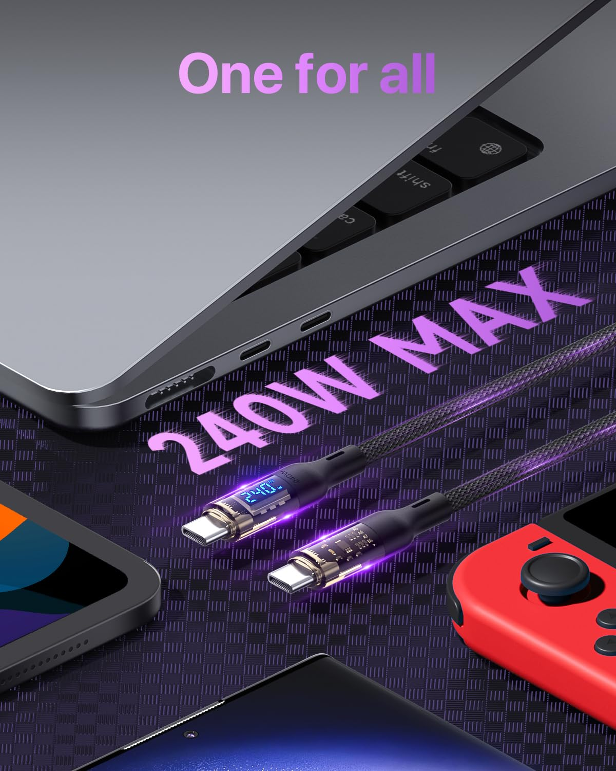 240W USB C to USB C Transparent Cable with LED Display Compatible with 140W 100W Fast Charging for Macbook Pro,Lphone15/15Pro/15Promax, Galaxy S23+/S23Ultra/S22,2M,Black image number 2