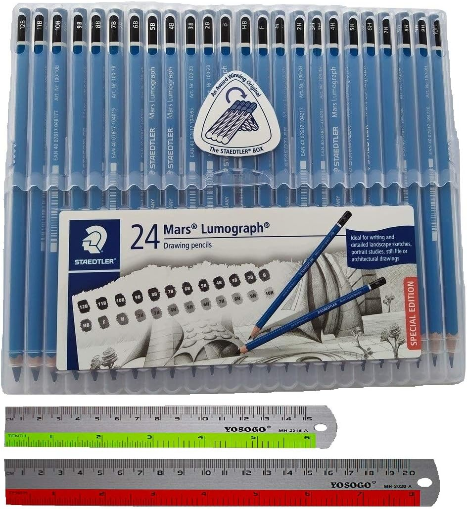 Wooden Pencil by Staedtler Mars Lumograph - Pack of 24 Degrees in Practical Plastic Storage Box with 6" and 8" Aluminum Ruler