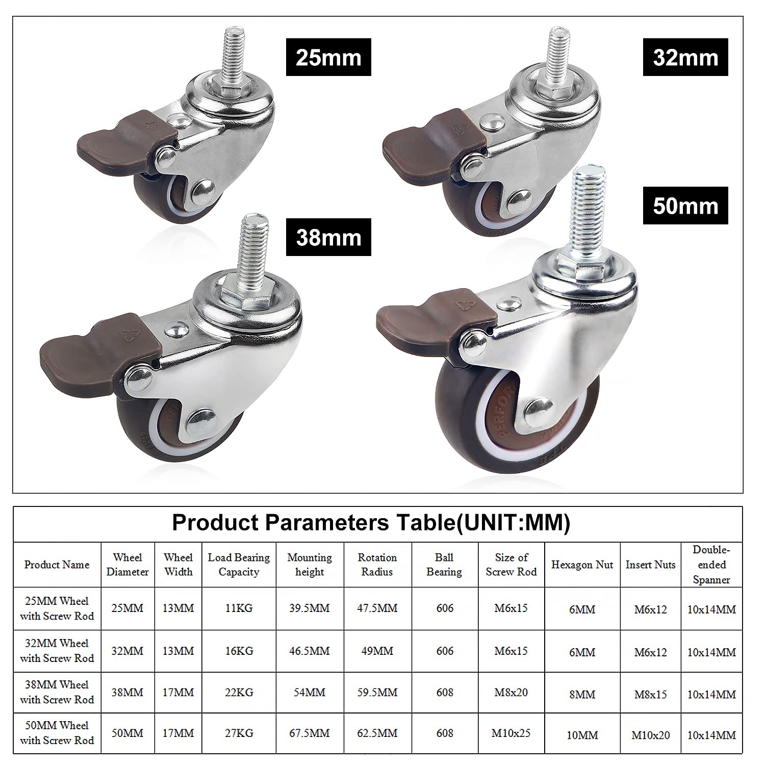 DBREAKS 4 X Transport Castors 50 Mm, Swivel Castors with Brakes Made of TPE M10 X 25 Mm with Thread, Swivel Castor with Threaded Pins, Furniture Castor, Brake Roller, Capacity 108 Kg Total, Rubber image number 6