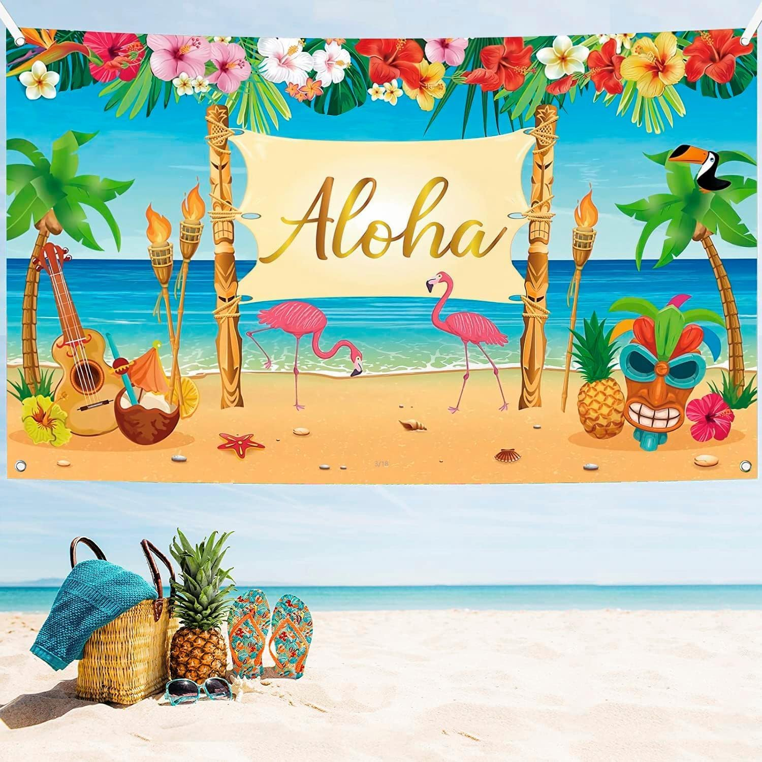 Hawaiian Aloha Party Decoration, Extra Large Summer Luau Beach Party Banner Backdrop Background Photography for Birthday Musical Party Baby Shower Tropical Tiki Themed Decoration, 72.8 X 43.3 Inch image number 3