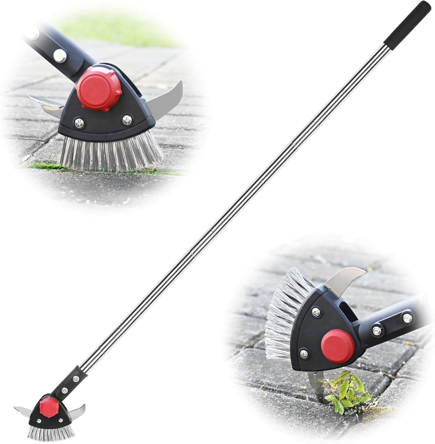 Crack Weeder Long Handle 3-In-1 Adjustable Crevice Cleaning Tool with Stainless Steel Weed Brush with 2 Scrapers Weed Puller Tool for Driveway, Patio Sidewalk to Remove Moss Weeds Dirt image number 1