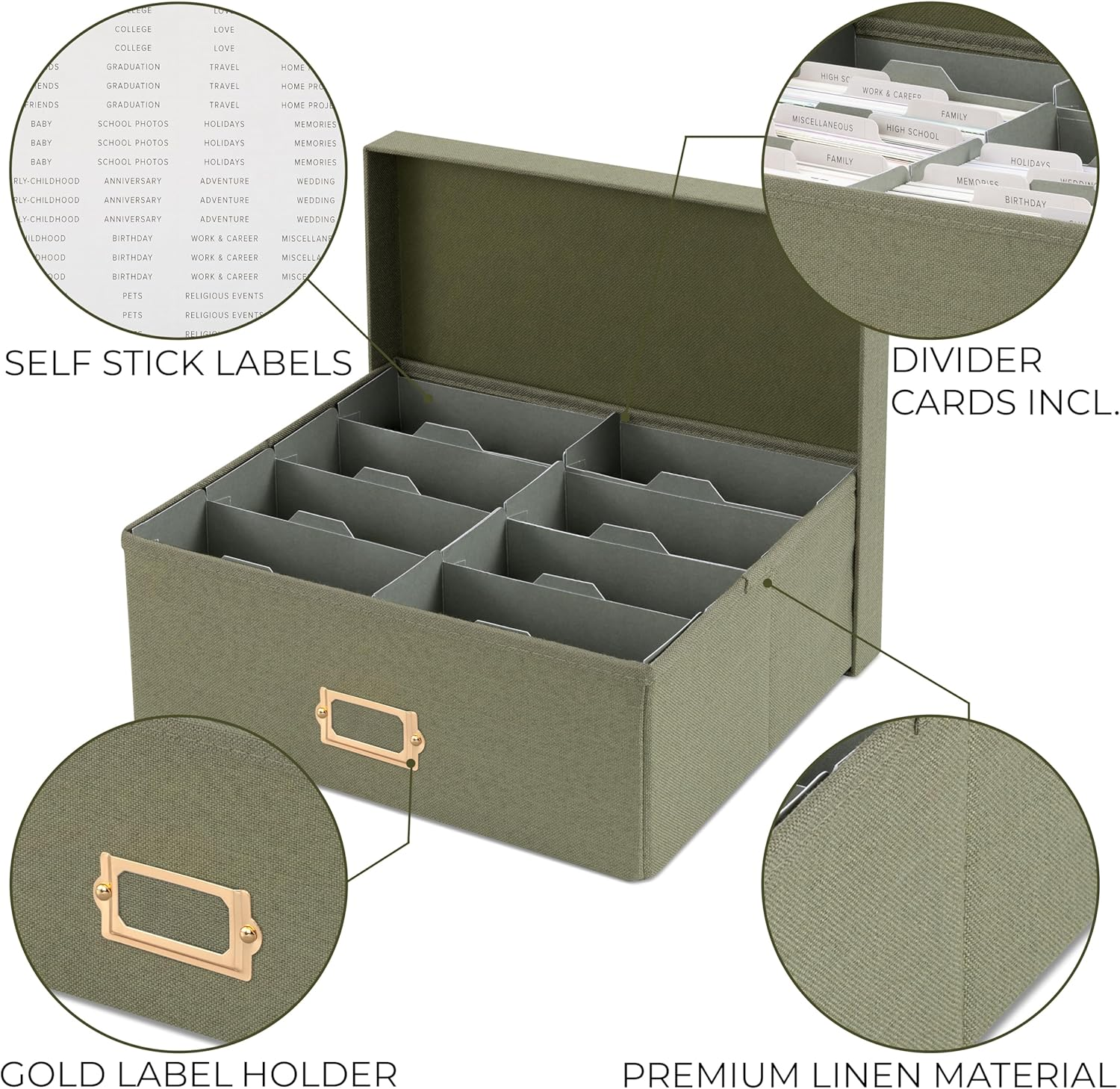 ZICOTO Decorative Photo Storage Box - Sturdy Linen Photo Organizer with Dividers Is Perfect to Store up to 1700 Pictures and 4X6 Photos - Portable Scrapbook Storage Containers with Lid - Sage image number 3
