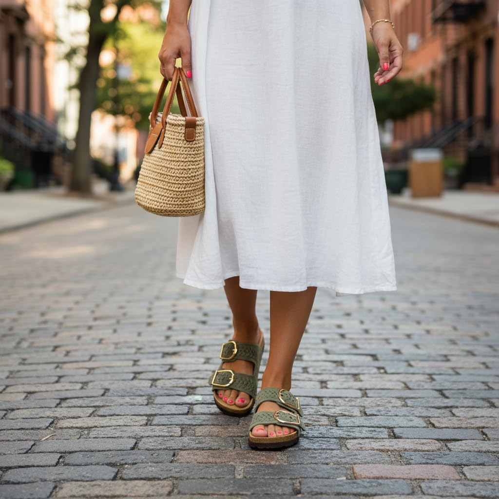 CUSHIONAIRE Cashew Slip on Suede Womens Sandals - Braided Double-Strap Design with Adjustable Big Buckle Sandals for Women image number 7