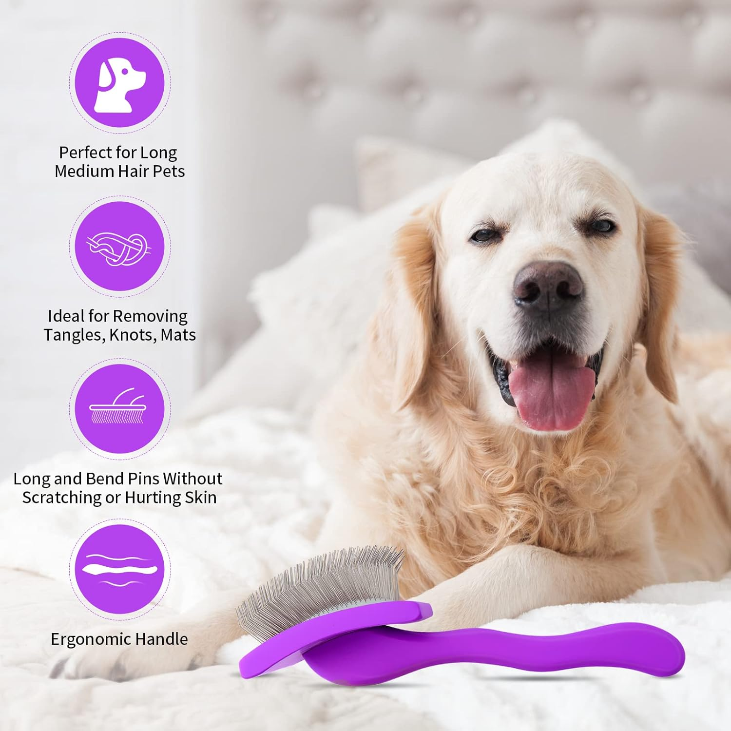 YOPETAYU Dog Slicker Brush for Shedding and Grooming Medium or Long Haired Cats, Extra Long & Soft Pin Slicker Brush for Removes Loose Hair, Tangles, Knots, Undercoat, Free Pet Comb, Large Purple image number 5
