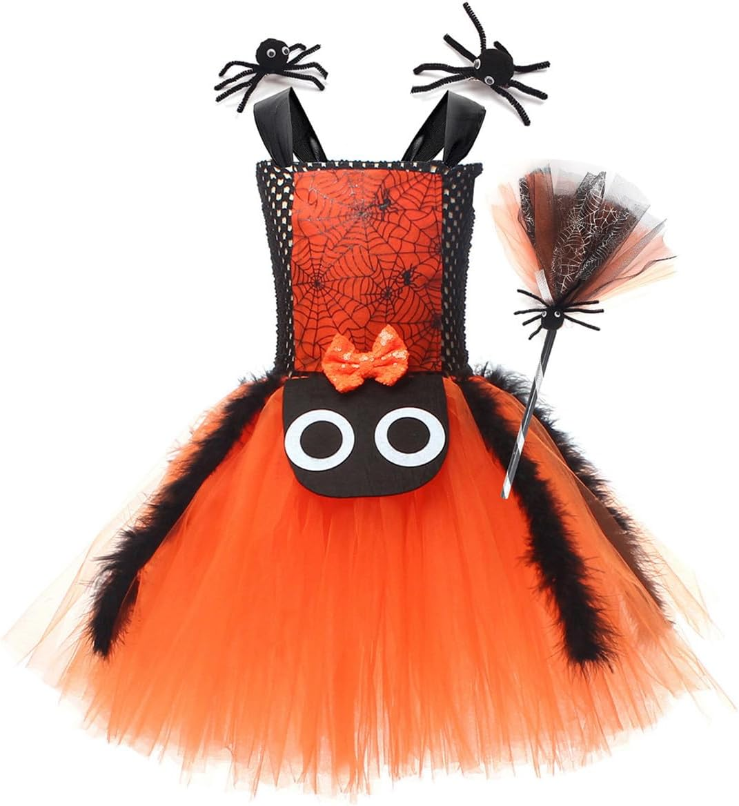 IBAKOM Witch Costume Girls Halloween Costume Children 2-Piece Cosplay Outfit Dress X 1 + Witch Broom X 1 Tulle Dress Wizard Costume Fancy Dress Costume for Carnival Cosplay Party Festival Orange 10-12 image number 2