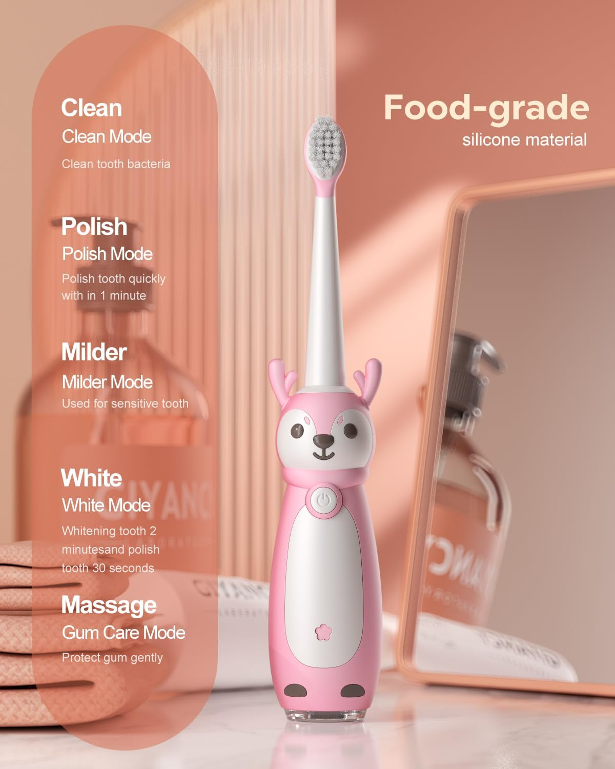Kids Sonic Electric Toothbrush for Ages 3+, IPX7 Waterproof, 3 Smart Modes with Memory,Includes 4 Replacement Brush Heads, Pink image number 5