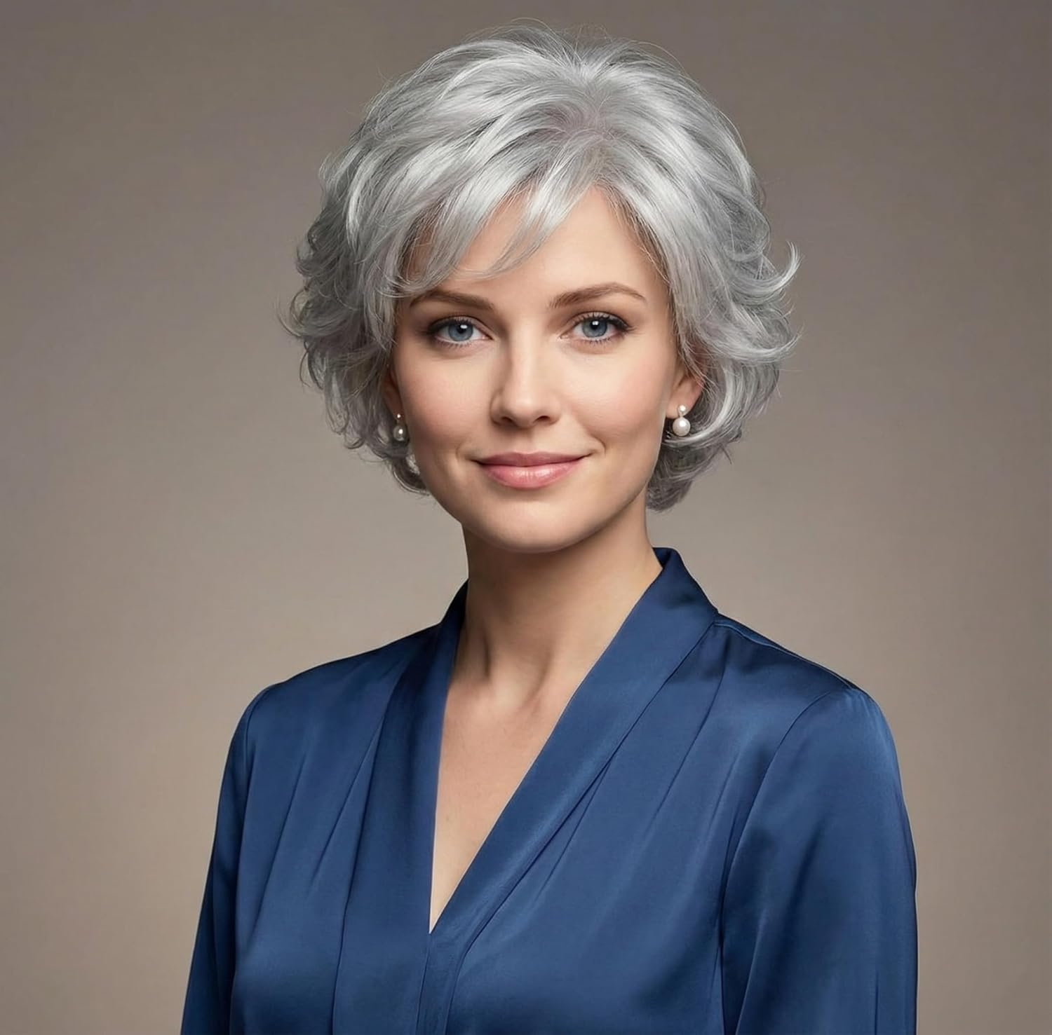 AUBWIG Mixed Silver Grey Short Wigs Natural Light Curly Hair Fluffy Pixie Cut Wigs with Fringe Synthetic Hair Wigs Layered Heat Resistant for Women (Grey) image number 5
