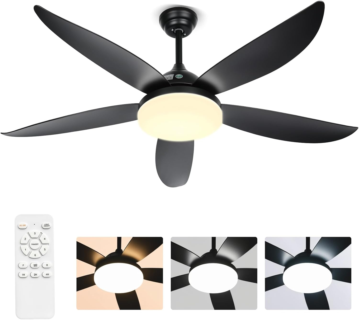 Advwin Ceiling Fans with 3-Color Light & 6 Speed, Cooling Fans with 5 Quiet DC Reversible Blades for Patio, Bedroom, Living Room, Dining Room | Black