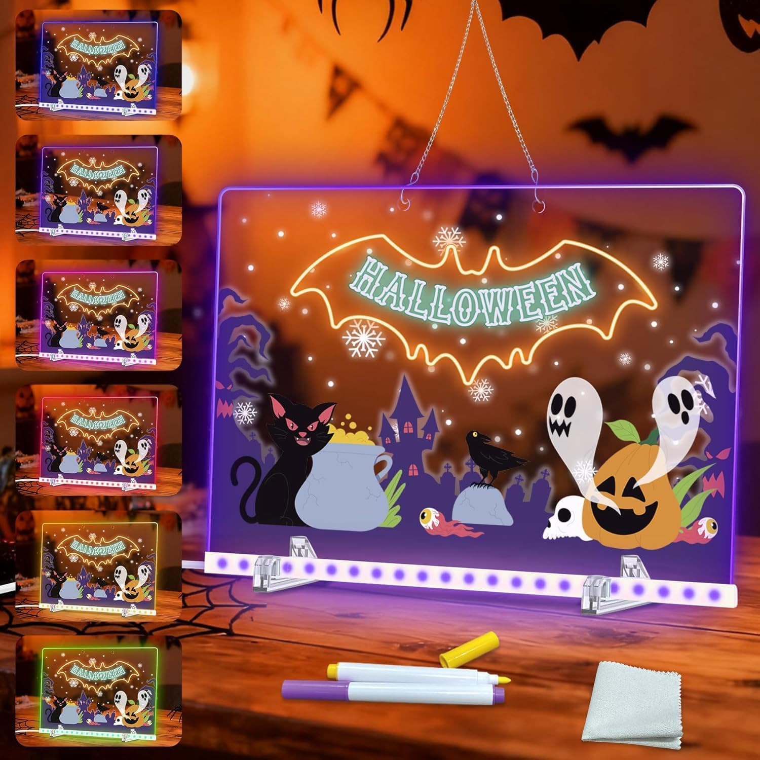 LED Note Board with Colors,30 * 20Cm 4 Modes & 7 Colors Acrylic Dry Erase Board with Light, Include Adapter, Hanging Chain, Led Drawing Board for Kids with Stand image number 5