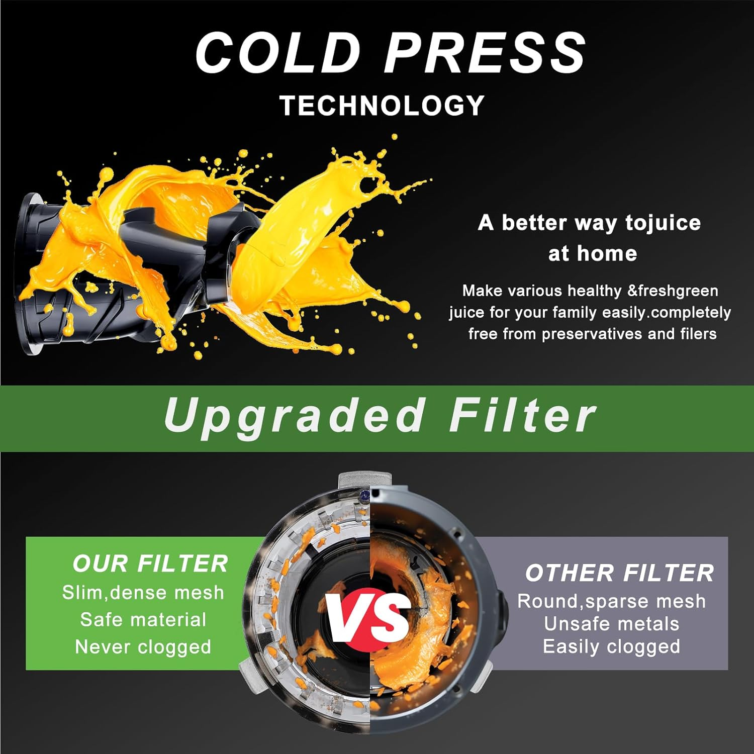 Cold Press Juicer Slow Masticating Fruit Juicer 250W with 80Mm Wide Chute Juicer Machines, Upgraded Non-Clogging Filter, High Yield Juice, for Vegetables Celery Wheatgrass Watermelon Carrot image number 5