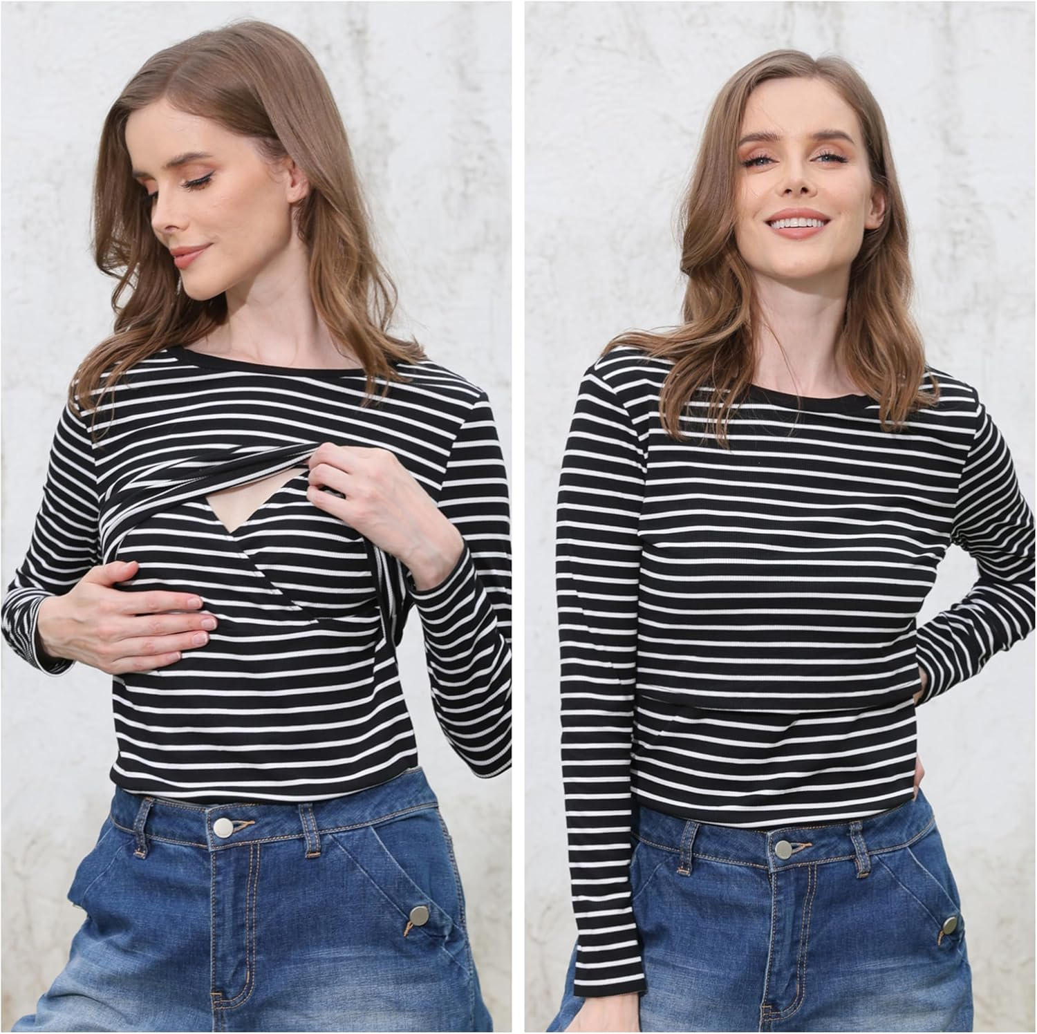 Love2Mi Pack of 3 Women'S Nursing Shirt Ribbed Long Sleeve Nursing Tops Double Layer Maternity Wear T-Shirt Maternity Clothing image number 6