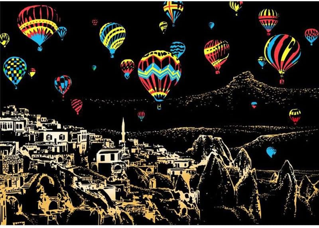 Georgie Porgy Scratch Picture Set DIY Craft Sets for Children Adults Magic Scratch Paper A3 City Scratch Paper for Christmas Birthday Gift with Scratch Tools Kit (A3 Windmill + Hot Air Balloon) - A4 Glow-In-The-Dark Butterfly And Peacock image number 4