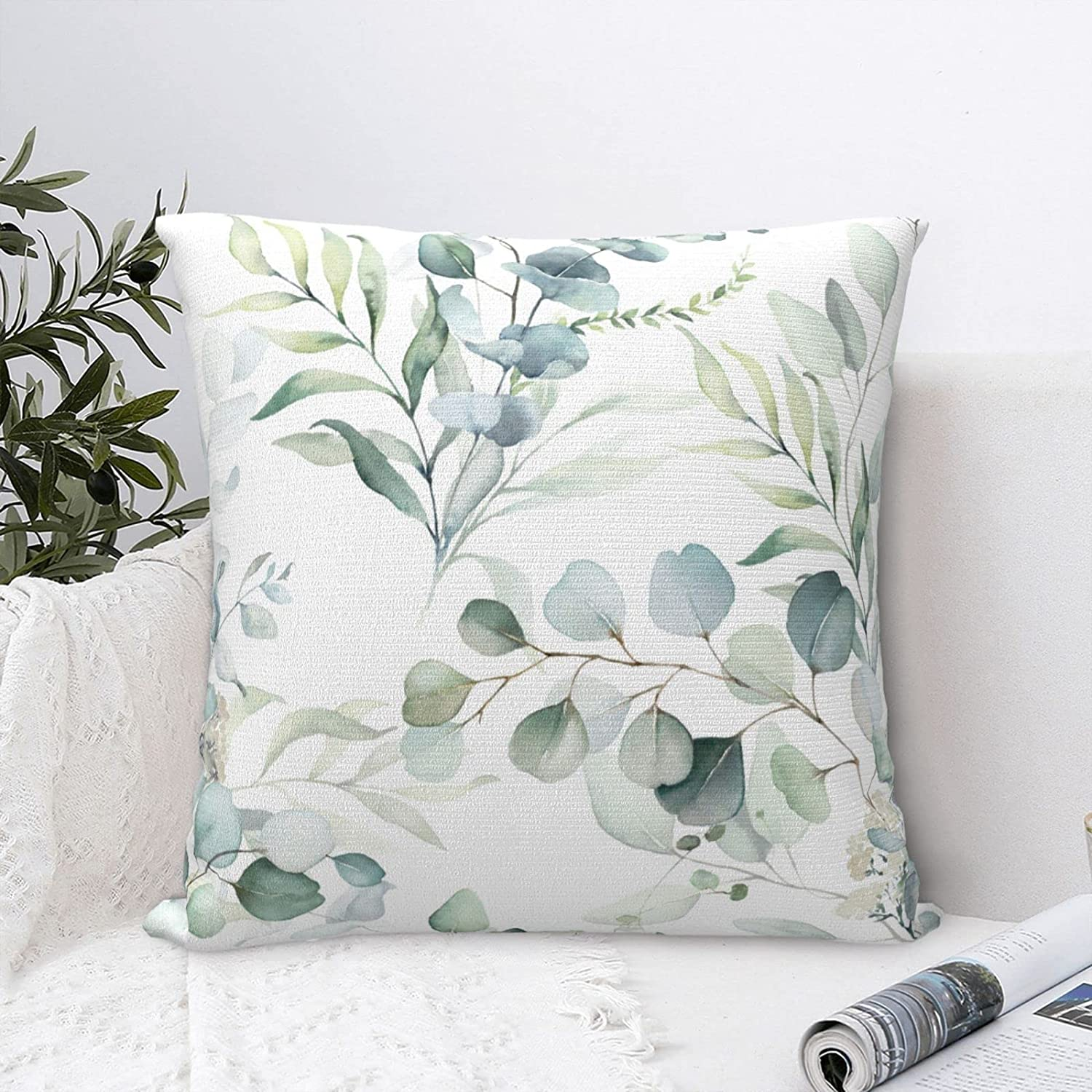AEIOAE Spring Sage Green Pillow Covers 16X16 Inch Set of 2,Watercolor Eucalyptus Floral Throw Pillows Case,Seafoam Leaves Print Square Cushion Outdoor Leaf Decor for Home Sofa Bed (ZHH121001) image number 7