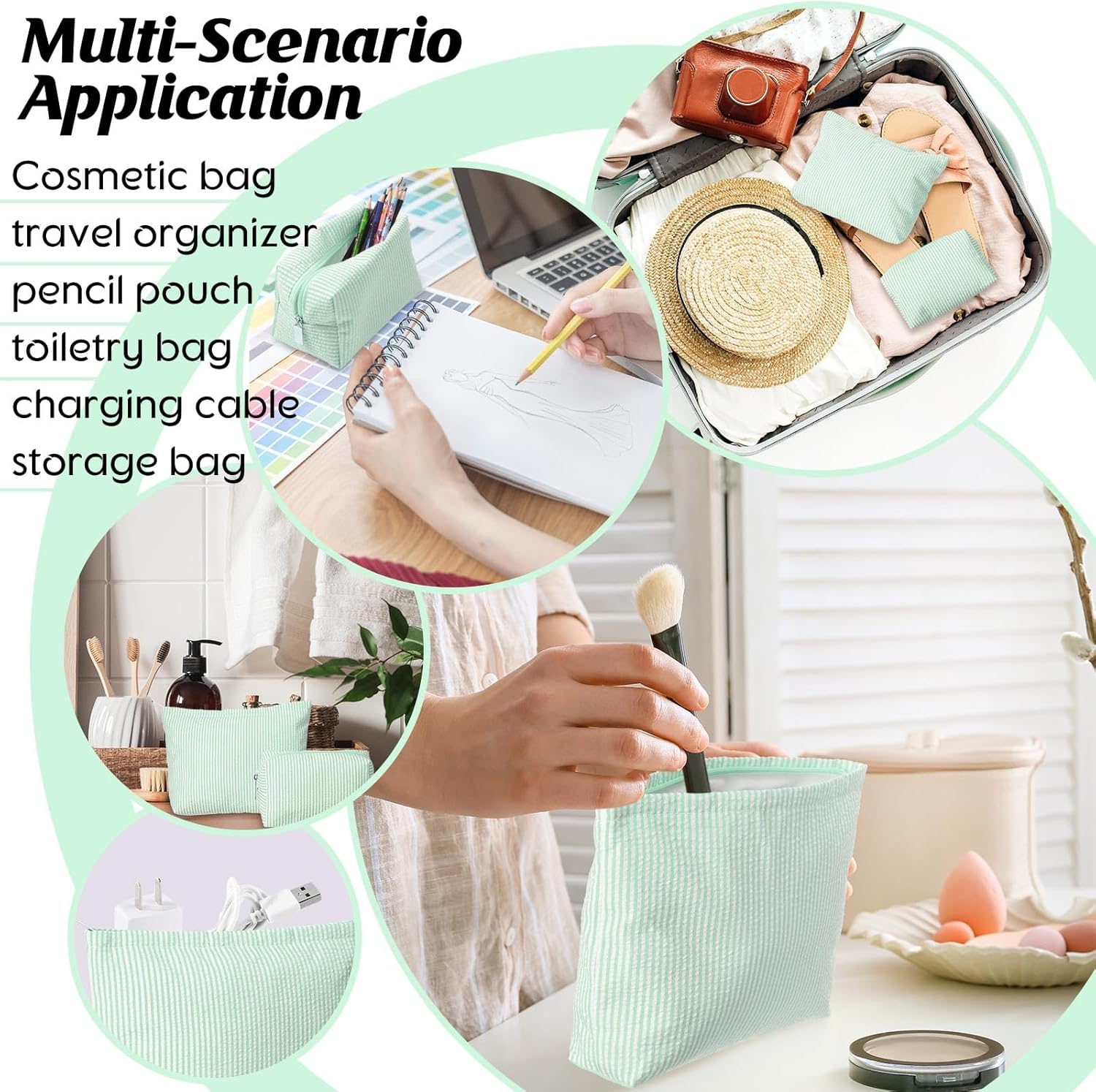 Huhumy 2 Pieces Makeup Bag Set Cute Cosmetic Pouch for Women Seersucker Travel Toiletry Bag Preppy Small Makeup Purse Pouch Aesthetic Skincare Brushes Storage Organizer for Christmas Women, Green - Black image number 2