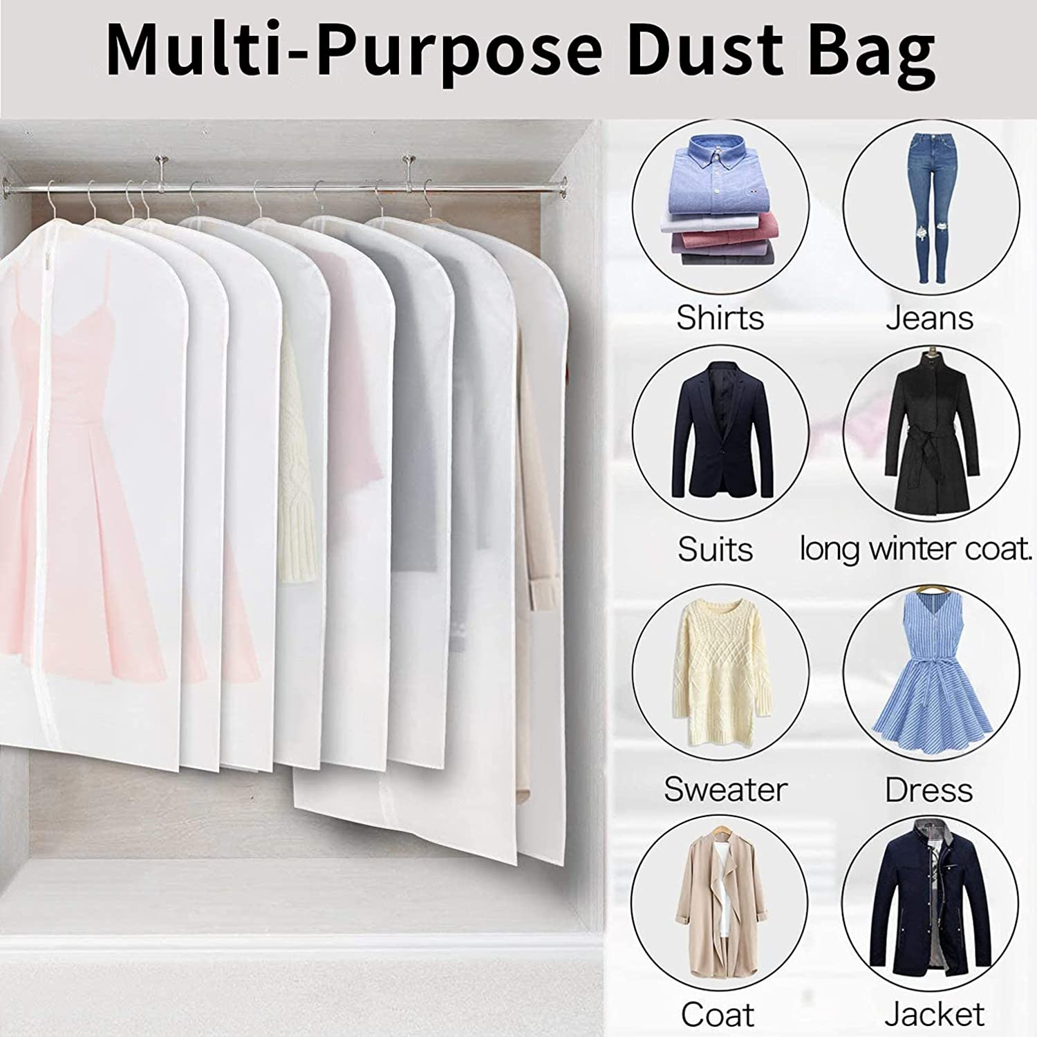 DAWNTREES Hanging Garment Bags, 12 PCS Clear Garment Bag Transparent Full Zipper Suit Bag, 60X100Cm,Clear Dust Bags,Used for Closet Clothes Storage. (12 Pack 60X100Cm) image number 4