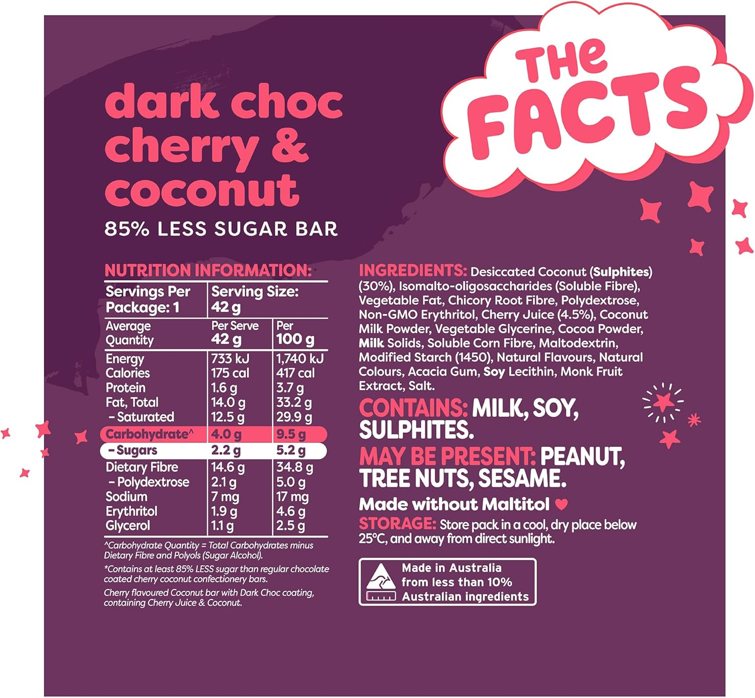 Noshu 85% Less Sugar Dark Choc Cherry & Coconut Bar (12 X 42G Bars) image number 3