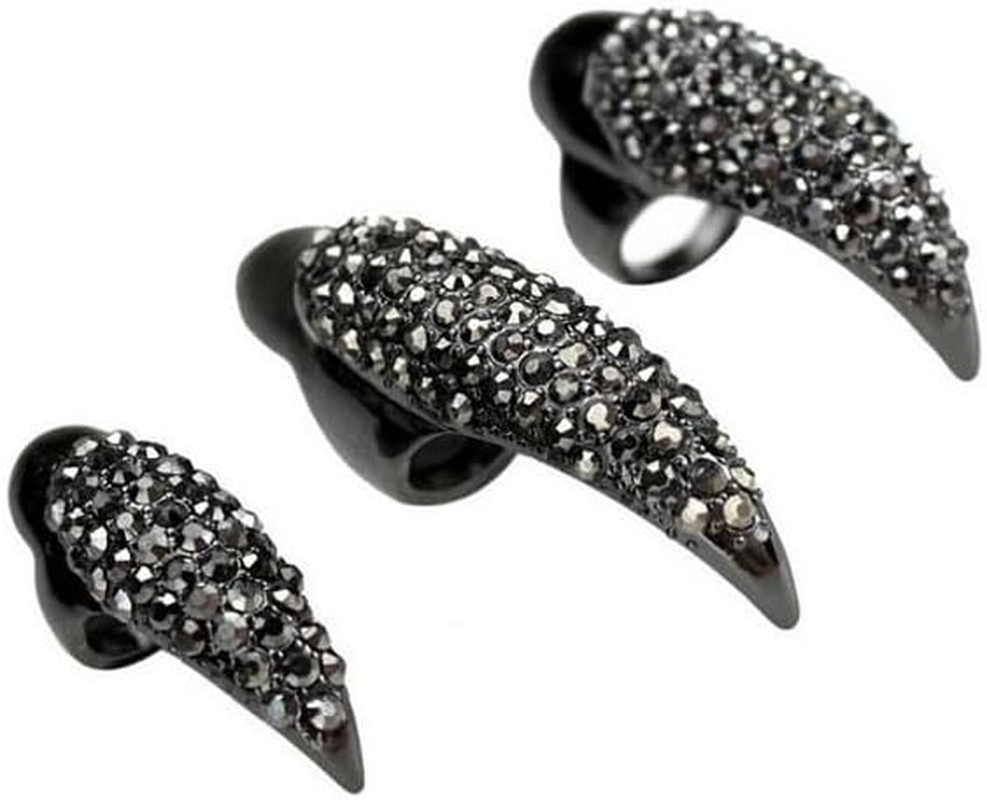 Veemoon Pack of 10 Gothic Nail Rings 3 Finger Rings False Nail Punk Style Claw Ring Cosplay Artificial Nails Crystal Rhinestone Claws for Daily Decoration and Cosplay Party Black 2S/6M/2L