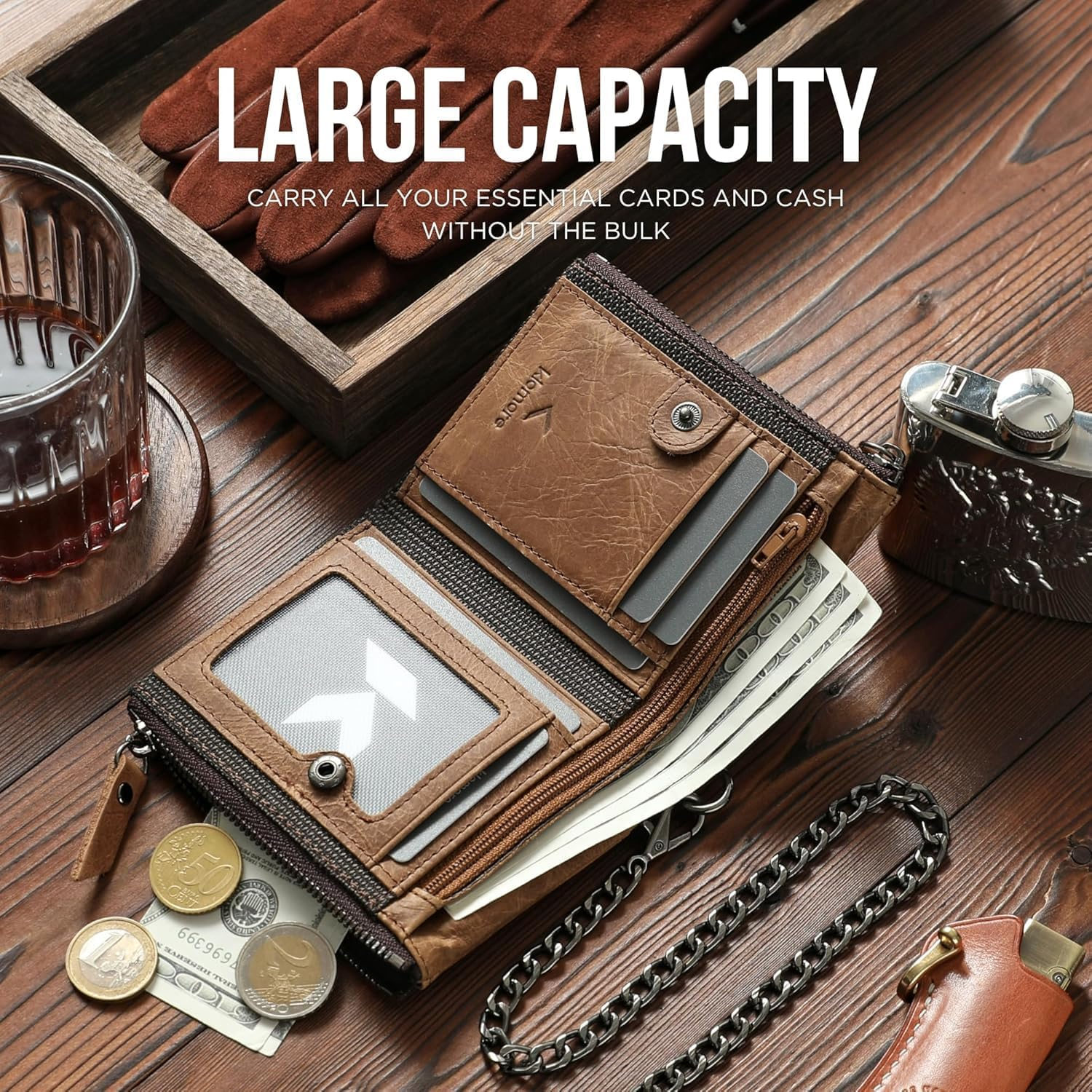 Chain Wallets for Men Leather, Zipper Wallet with Chain, RFID Blocking Bifold Mens Vintage Large Purse Credit Card Holder Gifts for Men image number 1