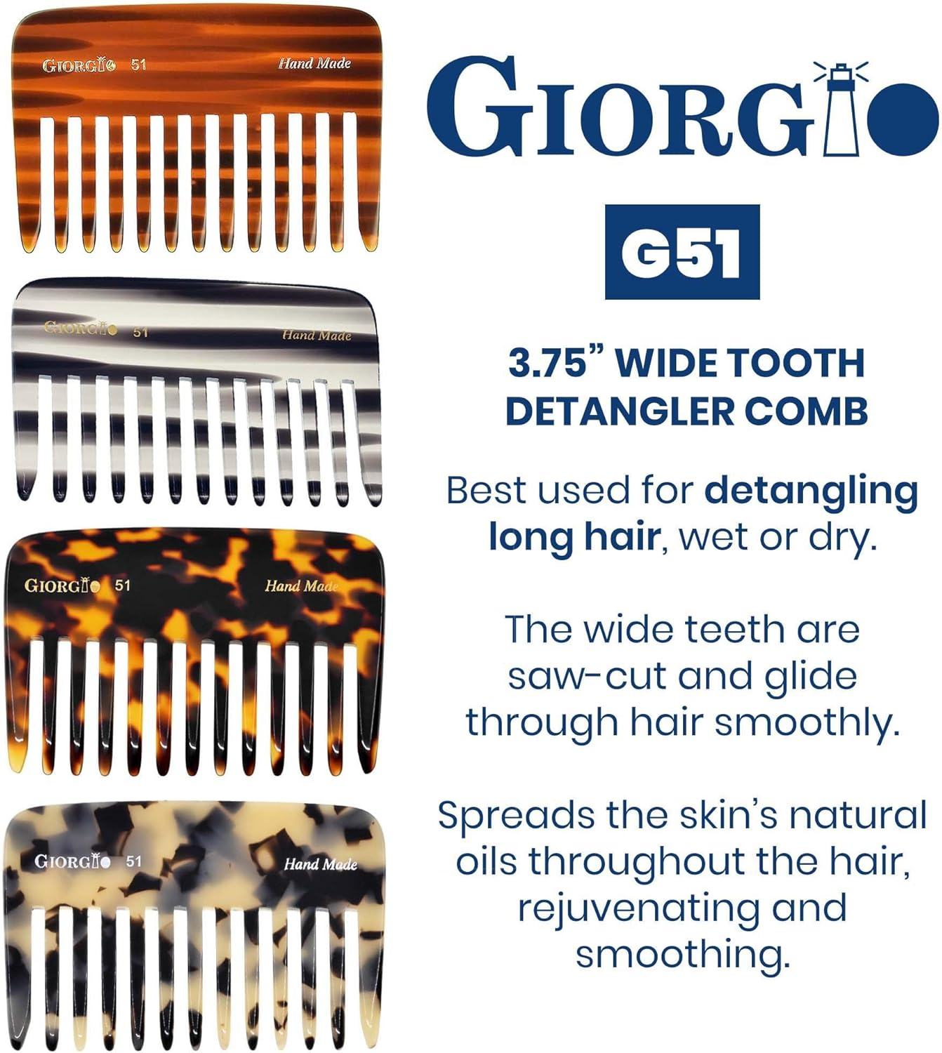 GIORGIO G51 3 3/4" Small Travel Purse Hair Detangling Comb, Wide Teeth, Tortoiseshell, Cellulose Acetate, Unisex Adult, Women, Men, Girls, Boys with Thick, Curly, Wavy Hair image number 1