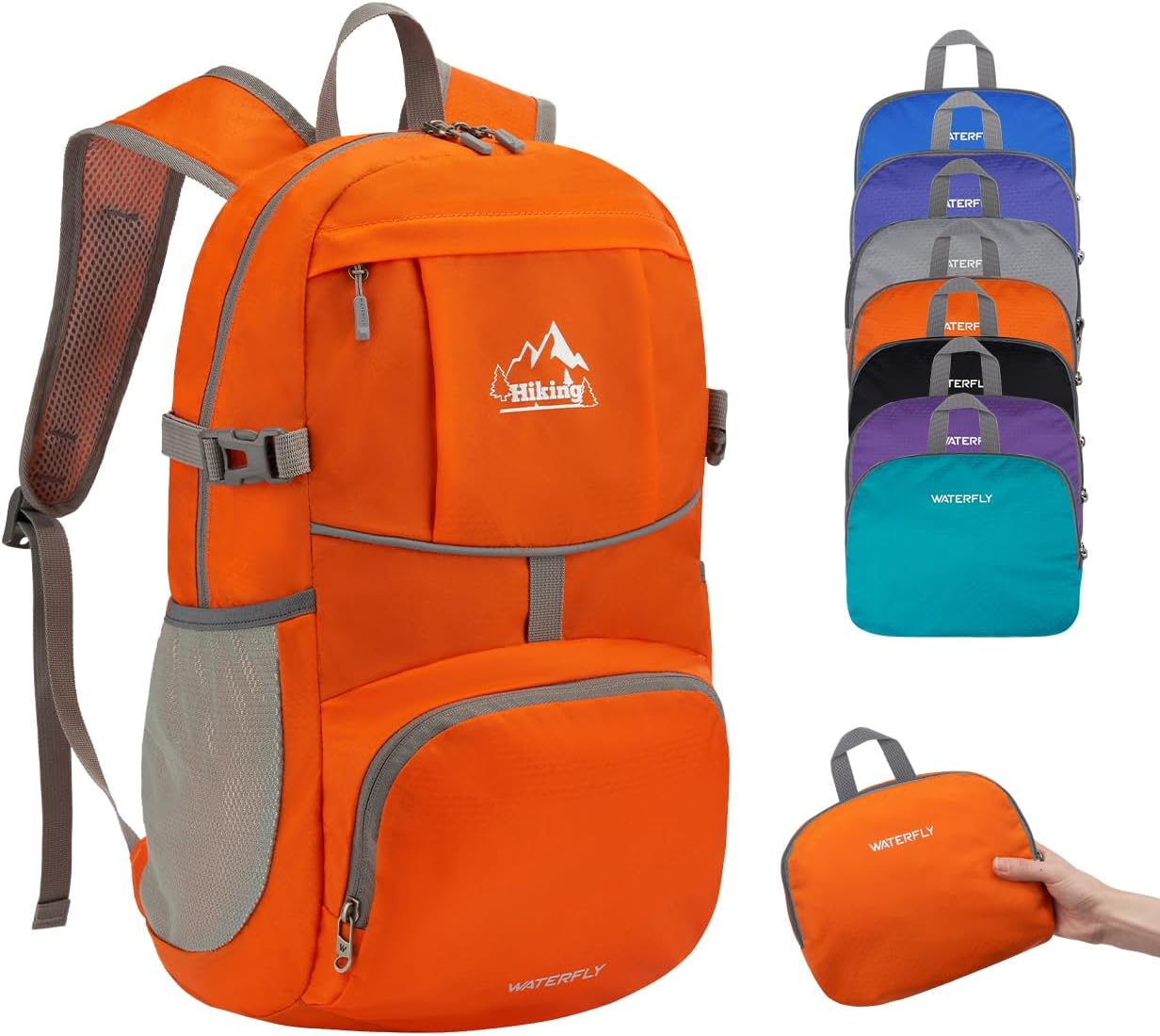 WATERFLY Hiking Foldable Daypack Backpack: 25L Ultra Lightweight Waterproof Day Pack for Woman Man - Small Compact Packable Folding Back Pack for Outdoor Sport Cycling Biking Travel Trip