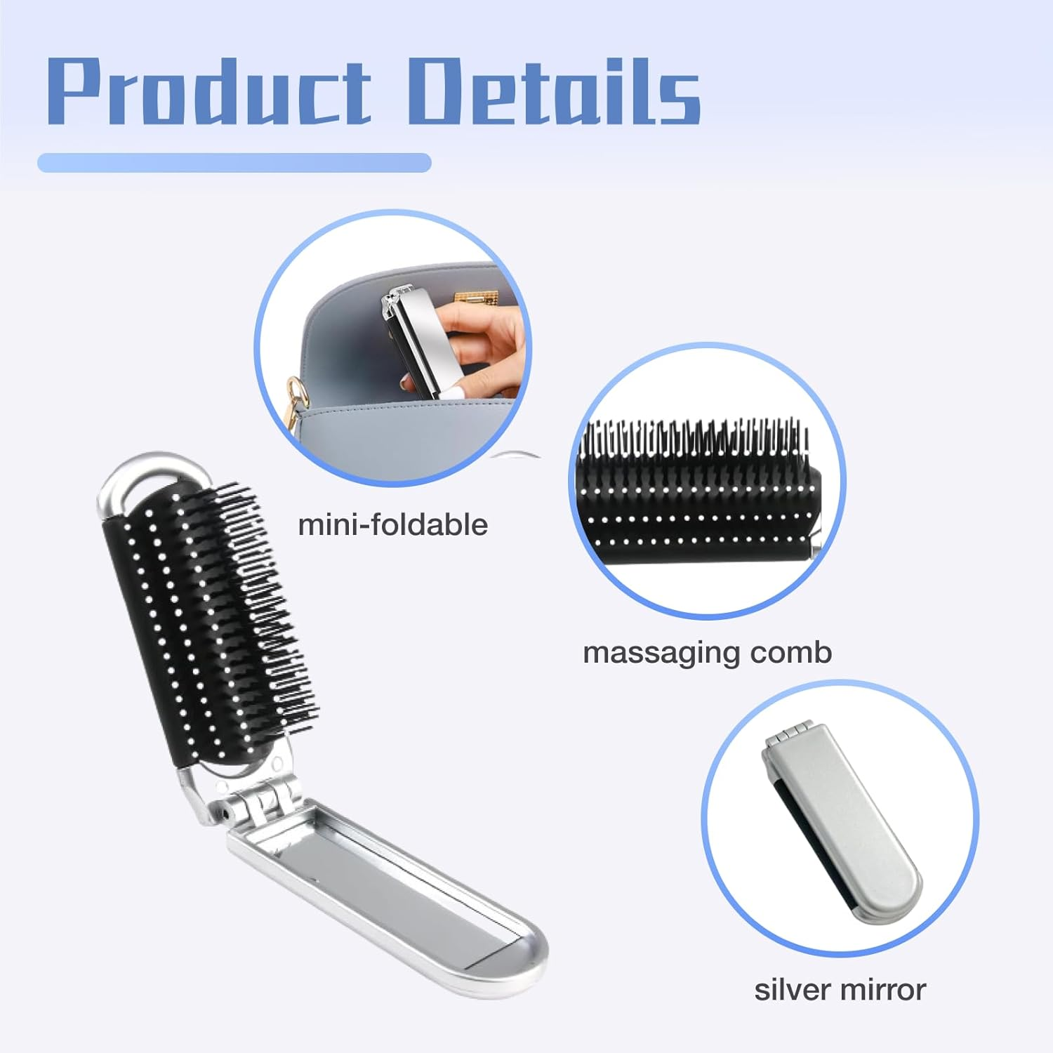 Travel Hair Brush with Mirror, Folding Brush, Foldable Mini Hair Brush, Pocket Travel Brush, Folding Hair Massage Comb, Mini Hair Brush, Portable Silver Hair Styling Comb for Men, Girls, Women image number 5