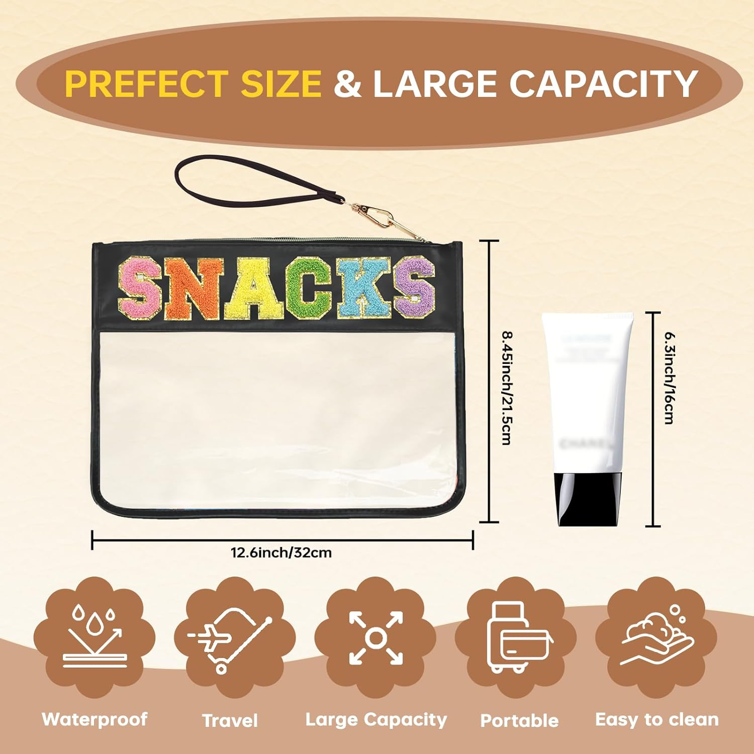 Burskit Snacks Bag Clear Chenille Varsity Letter Zipper Pouch Travel Makeup Bag Aesthetic Storage Organizer Pouches for Women with Glitter Patch Letters (Black-Snacks) - Bl-Beach image number 2