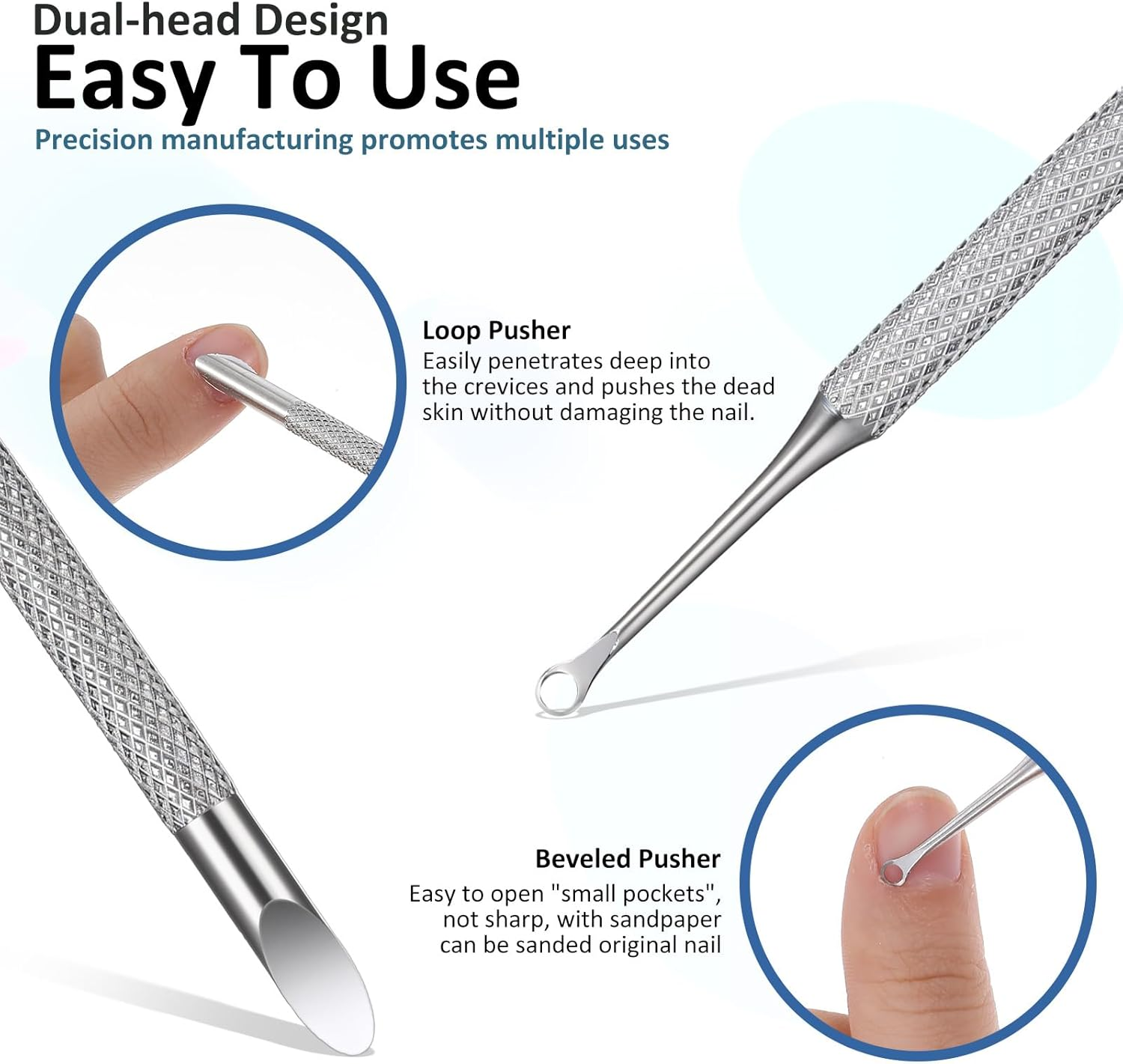 Qianyu Cuticle Pusher Stainless Steel Prep Nail Pushers Dual Ended Dead Skin Gel Nail Polish Remover Cuticle Cutter Peeler Cleaner Tool with Sandpaper Sheets for Nail Care Art Manicure Pedicure