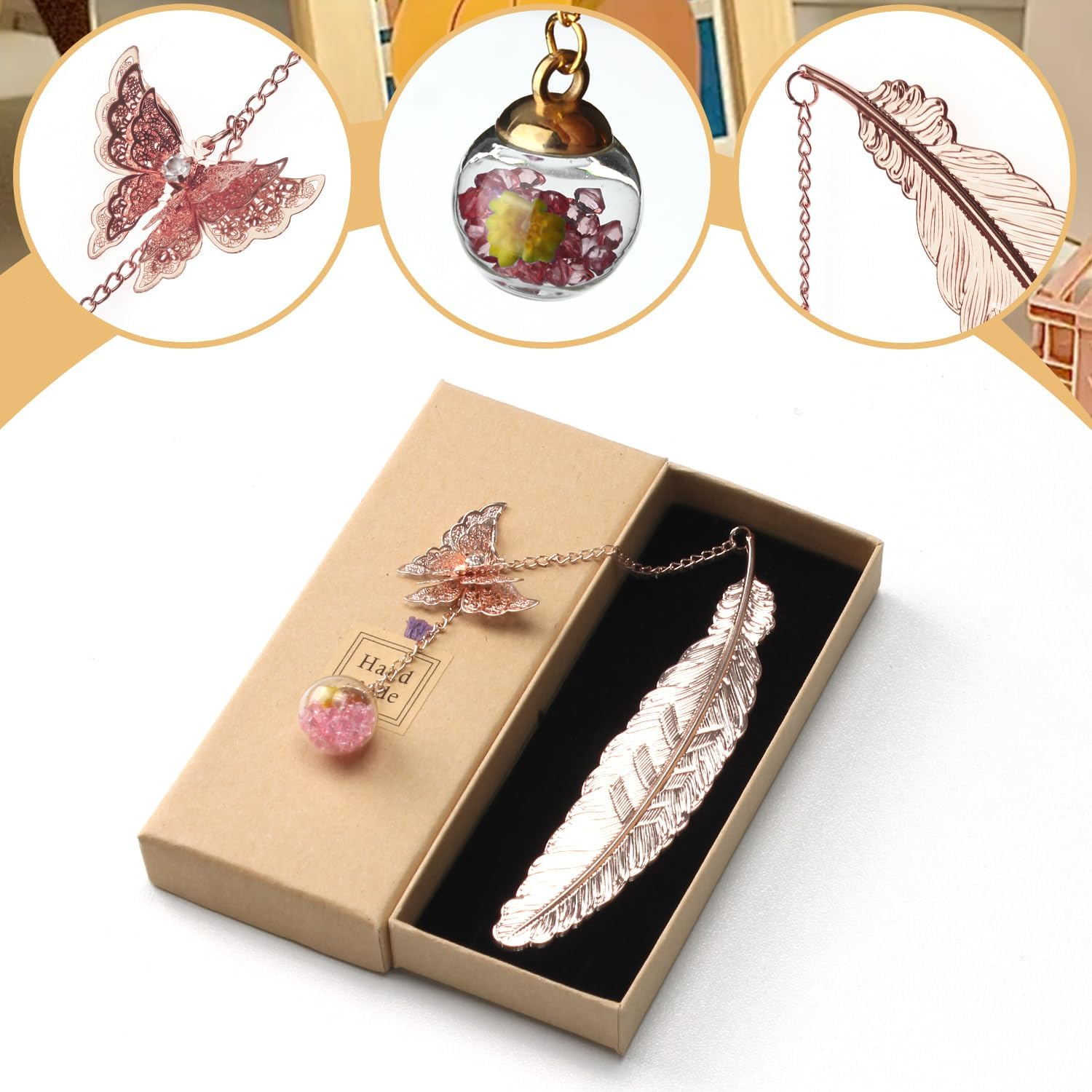 COZY CORE Metal Feather Butterfly Bookmark,3D Butterfly Pendant Bookmarks, Vintage Metal Feather Bookmark - Silver Feather image number 5