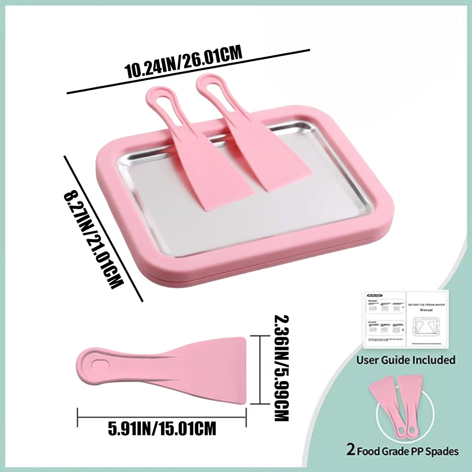 Ice Cream Roller Maker, Instant Portable Stainless Steel, Homemade Yogurt Tray with 2 Spatulas, for Yogurt Sorbet Soft Serve Slushies Dessert Kids Adults Home Kitchen Party - Pink image number 4