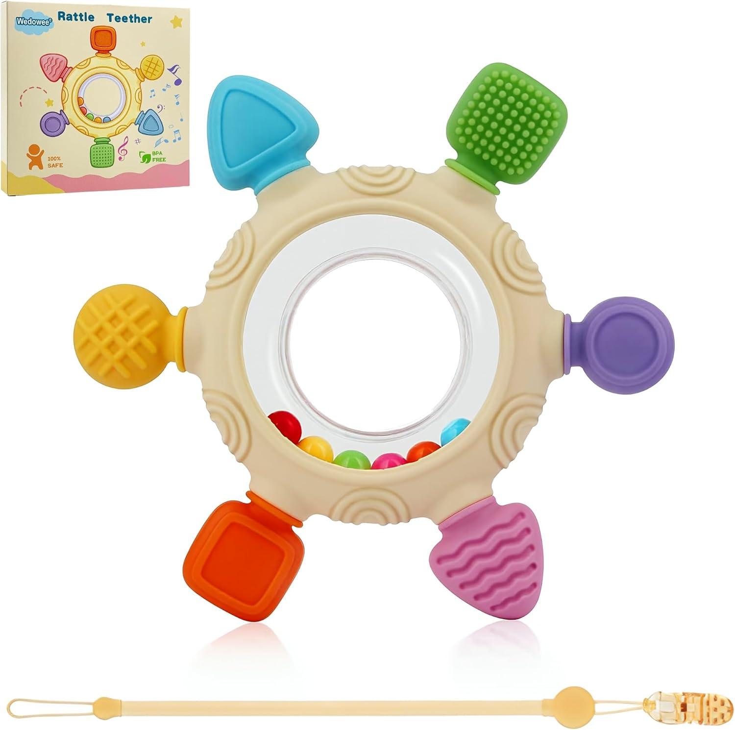 Baby Teething Toys for 0-12 Months- Silicone Rudder Teether Toy with Rattle Rings - BPA Free Sesory Montessori Toy for Soothing Sore Gums & Pain Relief - Easy to Clean Baby Shower Essentials Xmas Gift image number 1