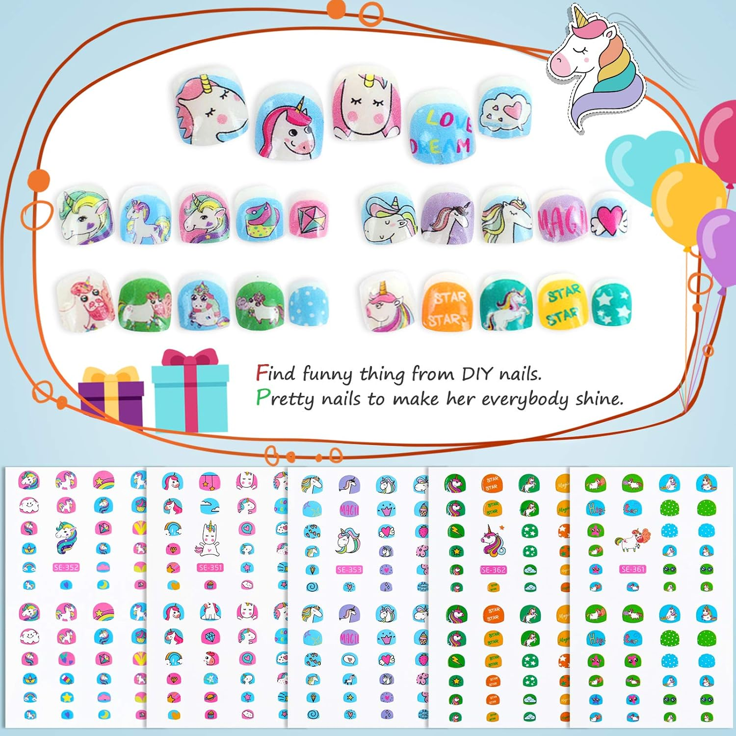 Unicorn 3D Nail Art Stickers Decals Self-Adhesive for Kids Little Girls, 270+ Cute Nail Tip Star Crown Princess Nail Manicure for Fingernails Toenails Birthday Party Supplies Gift Favors image number 3