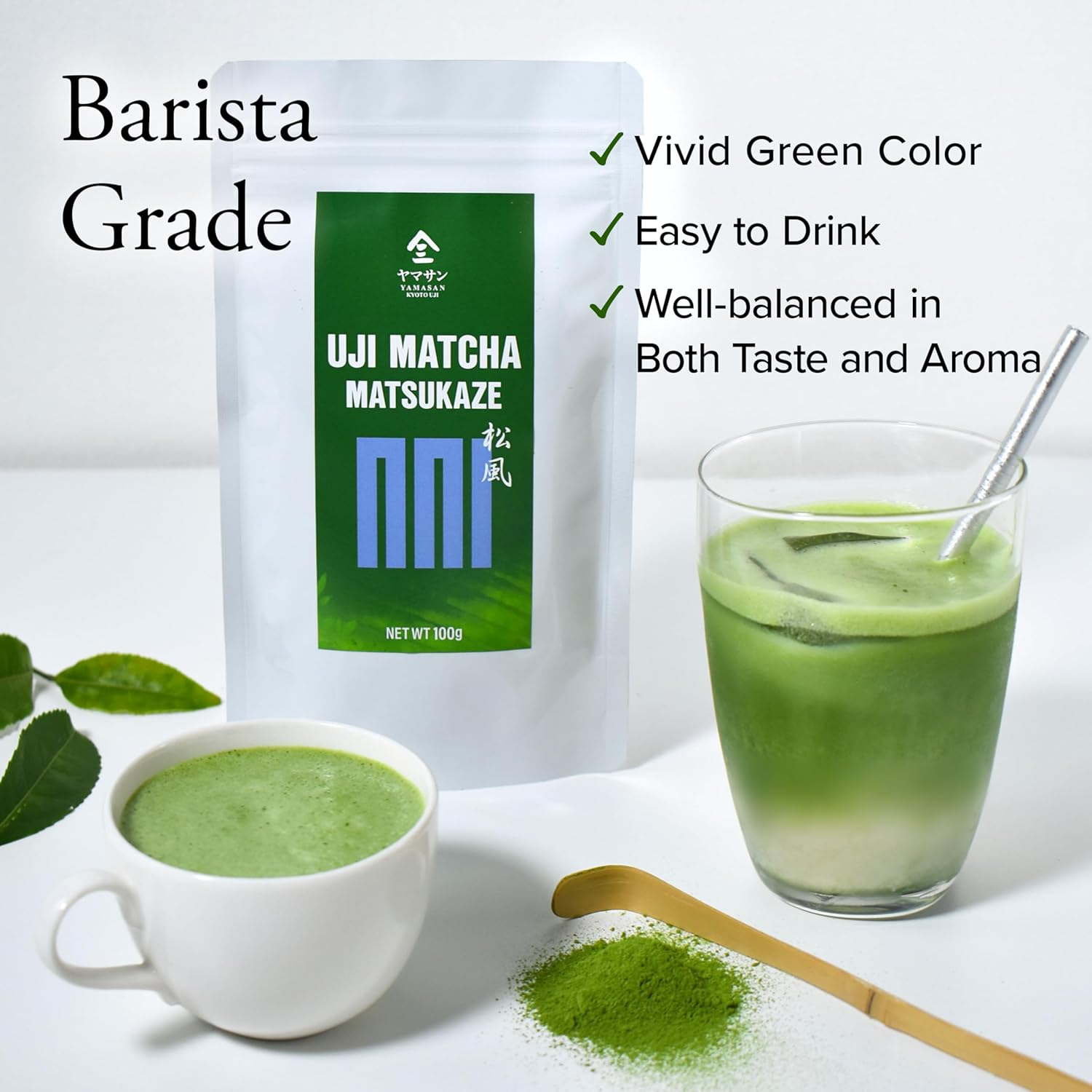 YAMASAN KYOTO UJI Barista Grade Matcha MATSUKAZE, for Lattes and Smoothies, Good Balance of Flavor and Aroma, Authentic Japanese Origin, Vegan, Sugar Free, Made in Uji, Kyoto, Japan 100G image number 4