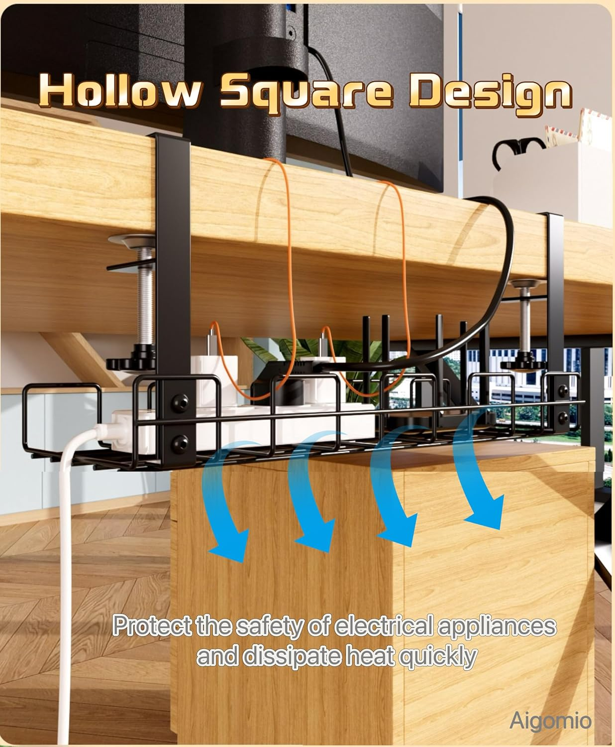 2 Pack under Desk Cable Management Tray No Drill, Underdesk Cable Organiser for Cable Management, Ultra-Rugged Desktop Cable Rack with Clips, Standing Desktop Cable Manager (15.75" Black) image number 4