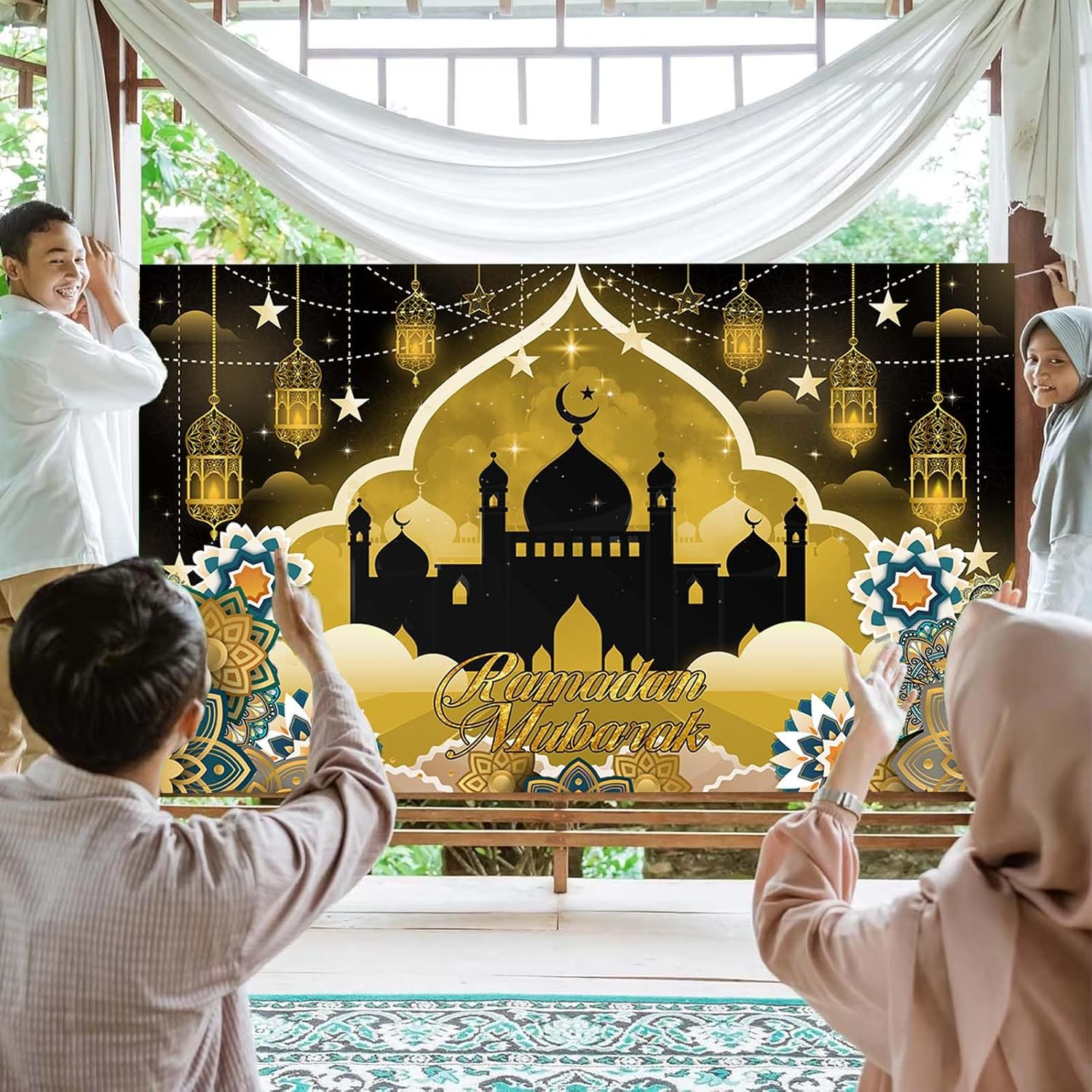 Ramadan Mubarak Banner, Extra Large Fabric Eid Kareem Background for Decorations, 72 X 44 Inch Star Moon Lanterns Castles Photo Booth Background for Islamic Muslim Al-Fitr Party Supplies image number 3
