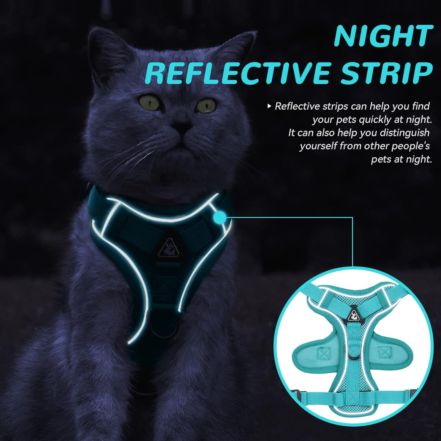 Cat Harness and Lead Set, Adjustable Kitten Harness and Lead Set with Reflective Strips Escape-Proof, Cat Vest Harness with Leash Sets for Cats Dogs Pets Walking (Lake Blue, S) image number 7