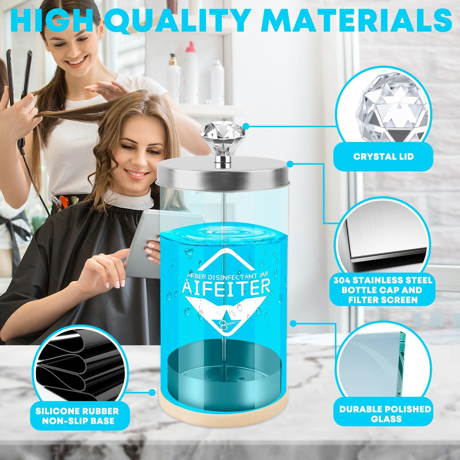 Barber Disinfectant Jar (30 Oz) with Stainless Steel Tray and Removable Basket - Sterilizing Container for Salon or Nail Spa Tools image number 4