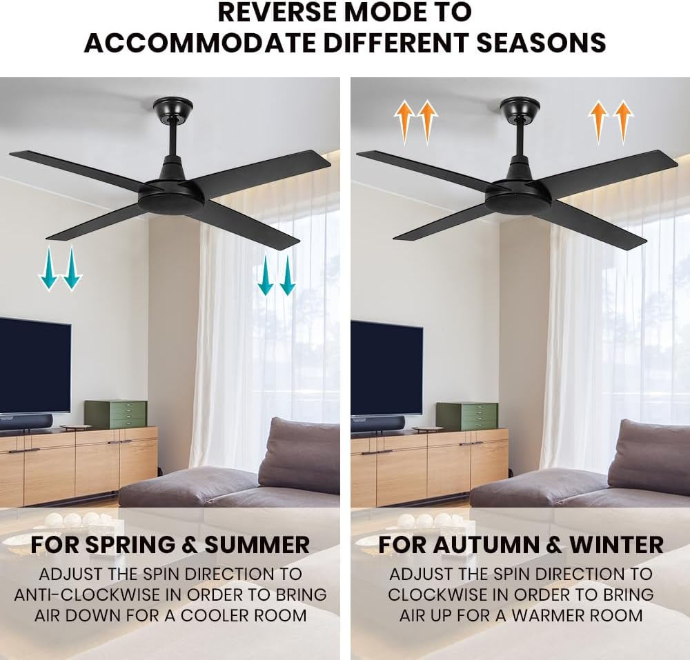 Krear 52" Ceiling Fan with Remote Control, Wood Ceiling Fans with 4 Blades, 6 Speed DC Motor, Indoor Outdoor Ceiling Fan for Patio, Bedroom, Living Room, Office, Black image number 7