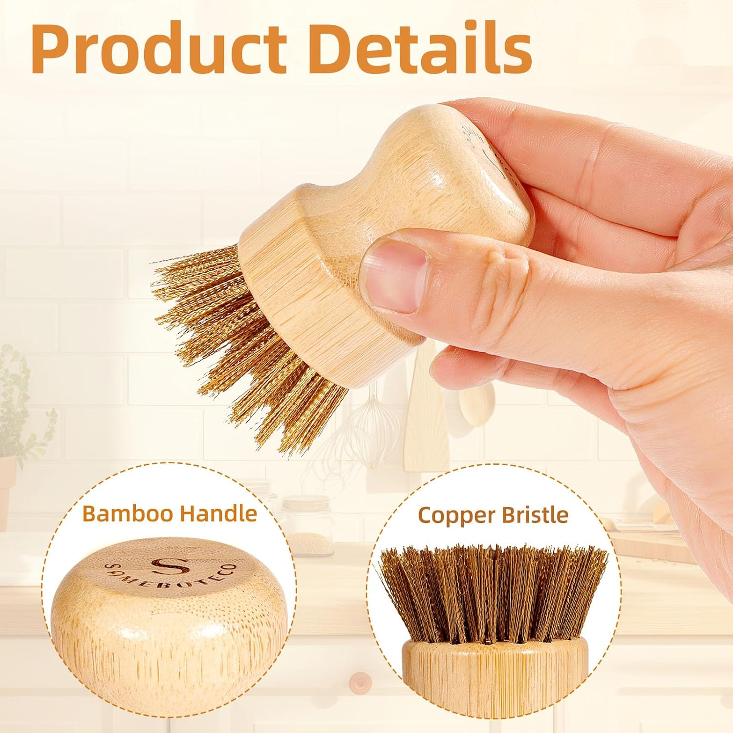 SAMBUTECO Cast Iron Cleaner Scrubber with Copper Bristle Natural Bamboo Handle Heavy Duty Pot Brush for Cast Iron Pans, Cast Iron Skillets Dutch Ovens Pots BBQ Grill Rust Removal and Cleaning image number 2