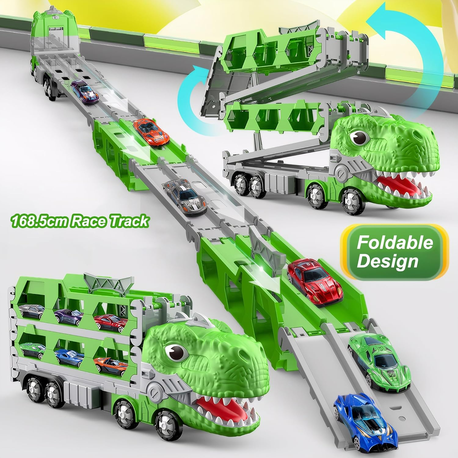 Foldable Race Track Dinosaur Truck Toy with 12 Metal Toy Cars for Kids Age 3-8 image number 2