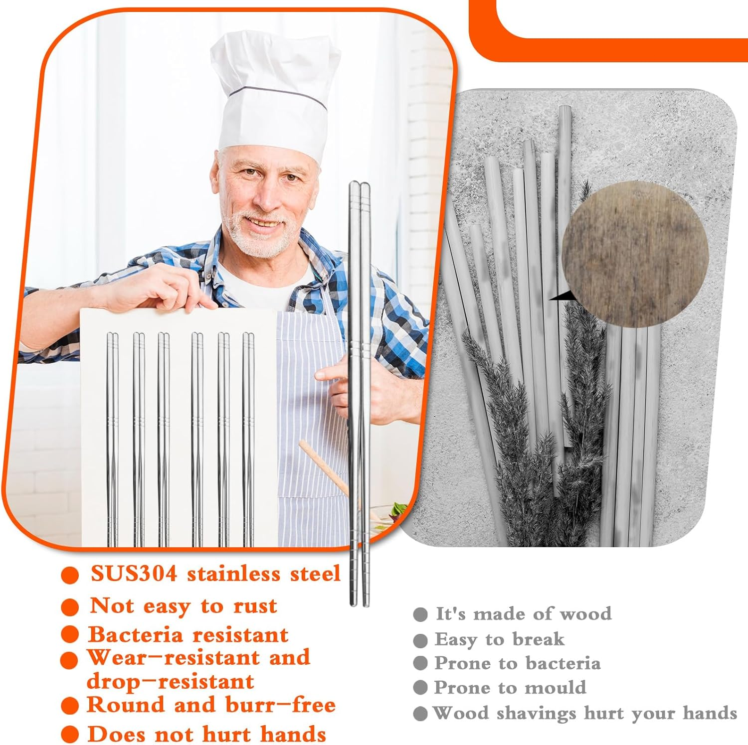 5 Pairs Metal Chopsticks, Stainless Steel Reusable Chop Sticks, Stainless Steel Tableware, Dishwasher Safe Metal Chopsticks Cutlery , Easy to Use Crockery Set, Gift Set (Silver) image number 6