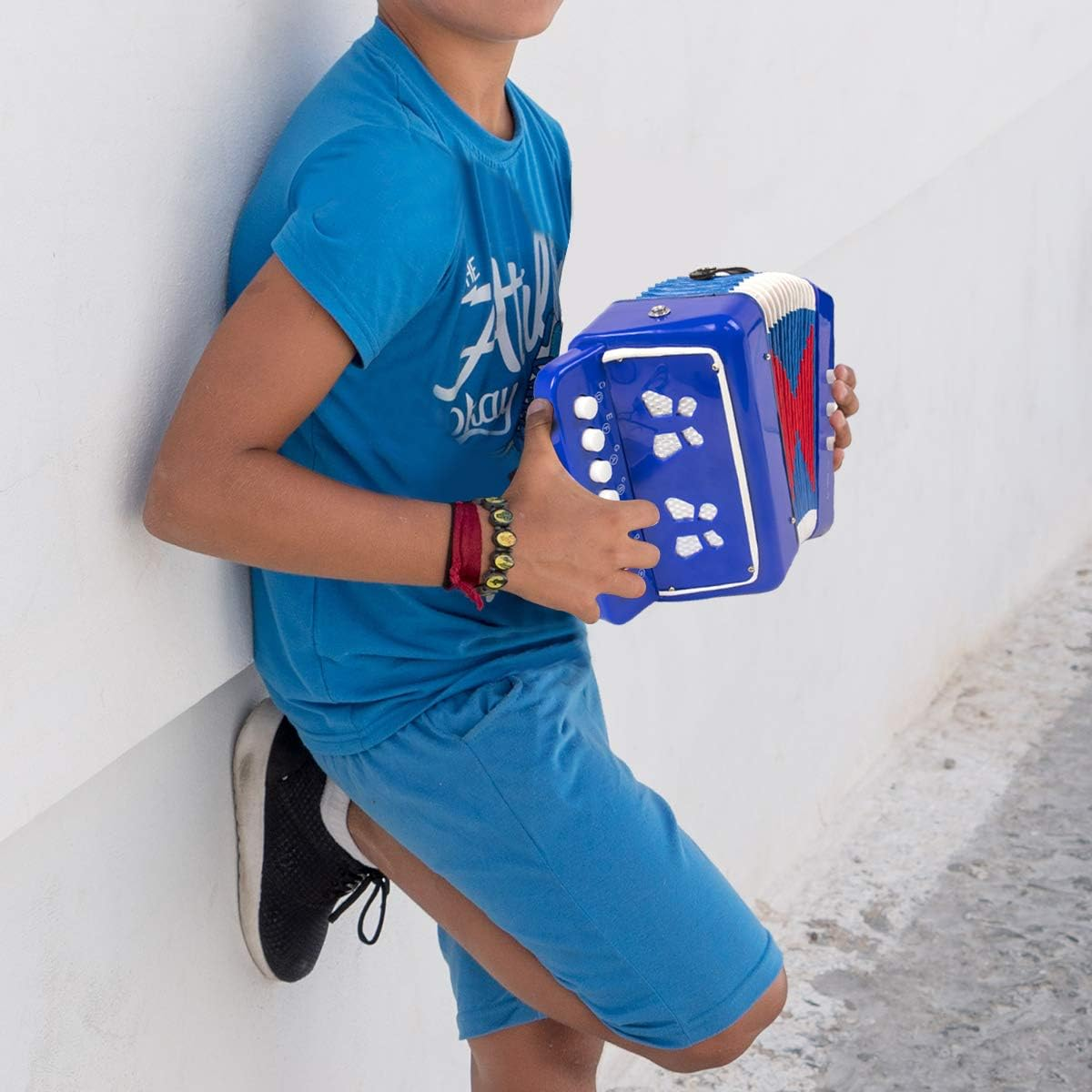 Button Accordion, Horse 10 Keys Control Kids Accordion Musical Instruments for Kids Children Beginners Lightweight and Environmentally-Friendly (Blue)