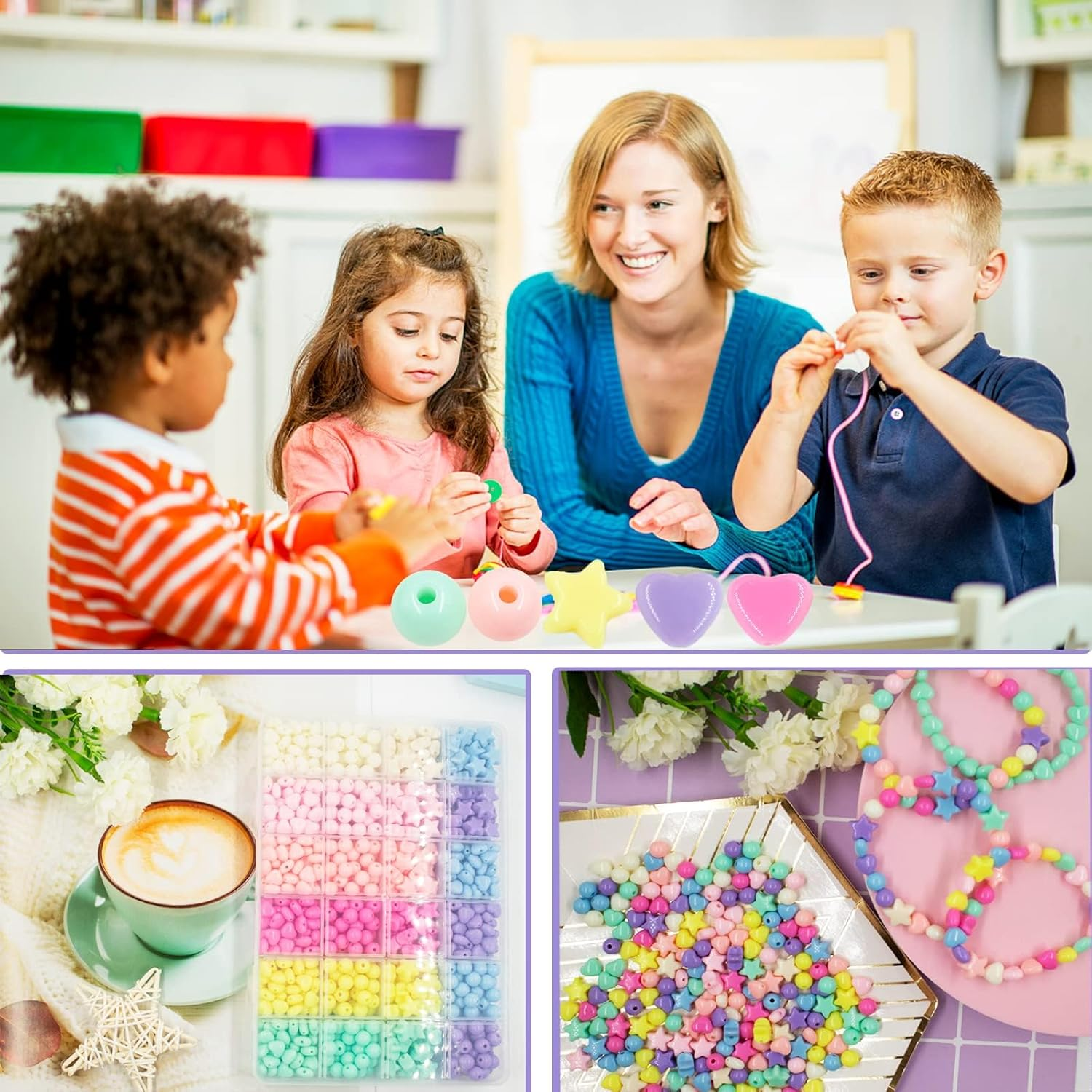 FJGSXOME 720Pcs Candy Color Acrylic Heart Beads Star and round Beads, Colorful Assorted Plastic Pastel Circle Shape Cute Loose Beads Bulk for Bracelets Jewelry Making DIY Crafts Necklace image number 6