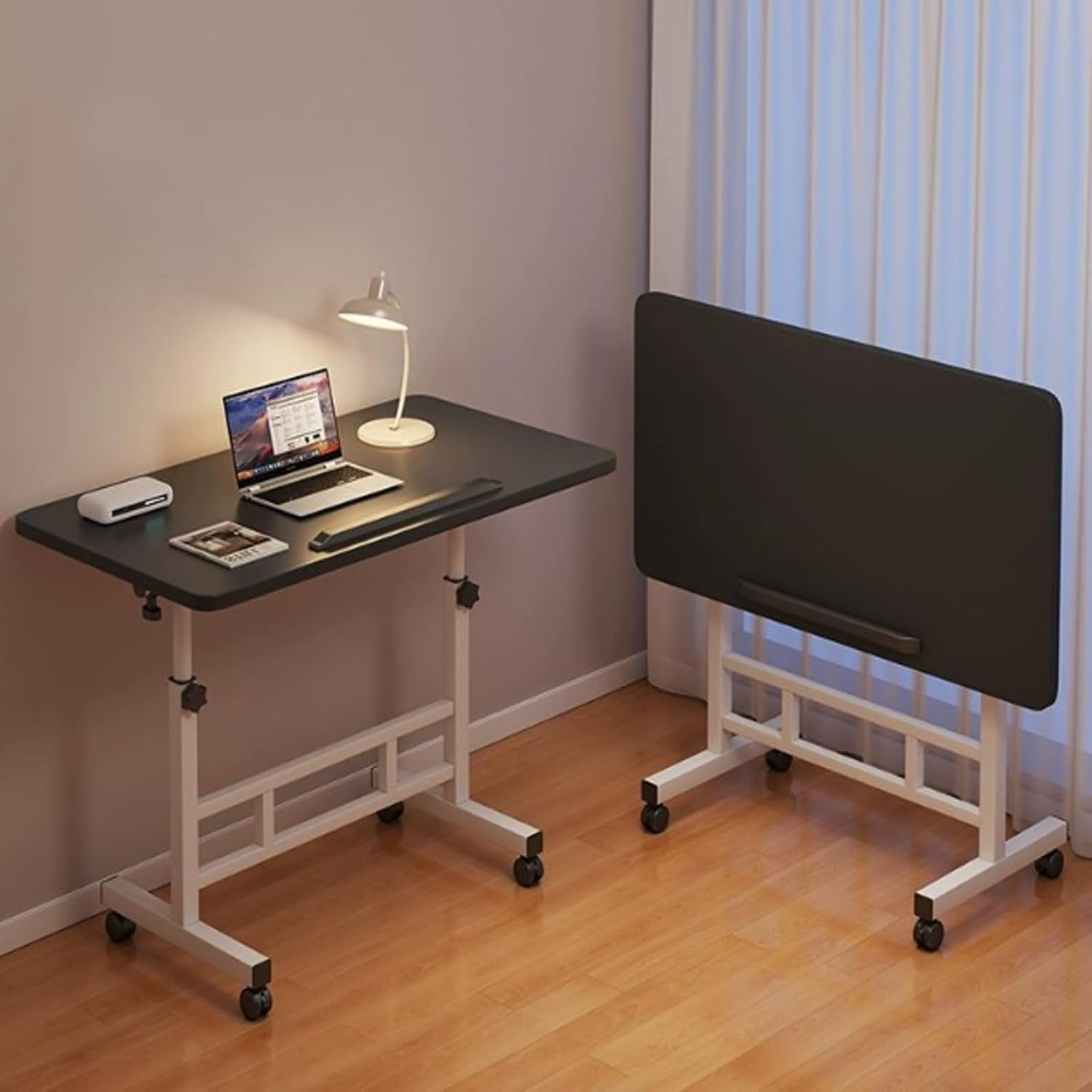 Hbluefat Mobile Small Rolling Computer Desk, 31.5" Folding Adjustable Height Laptop Cart Table with Wheels, Portable Flip Office Work Desk for Home Office, Small Space (Walnut)