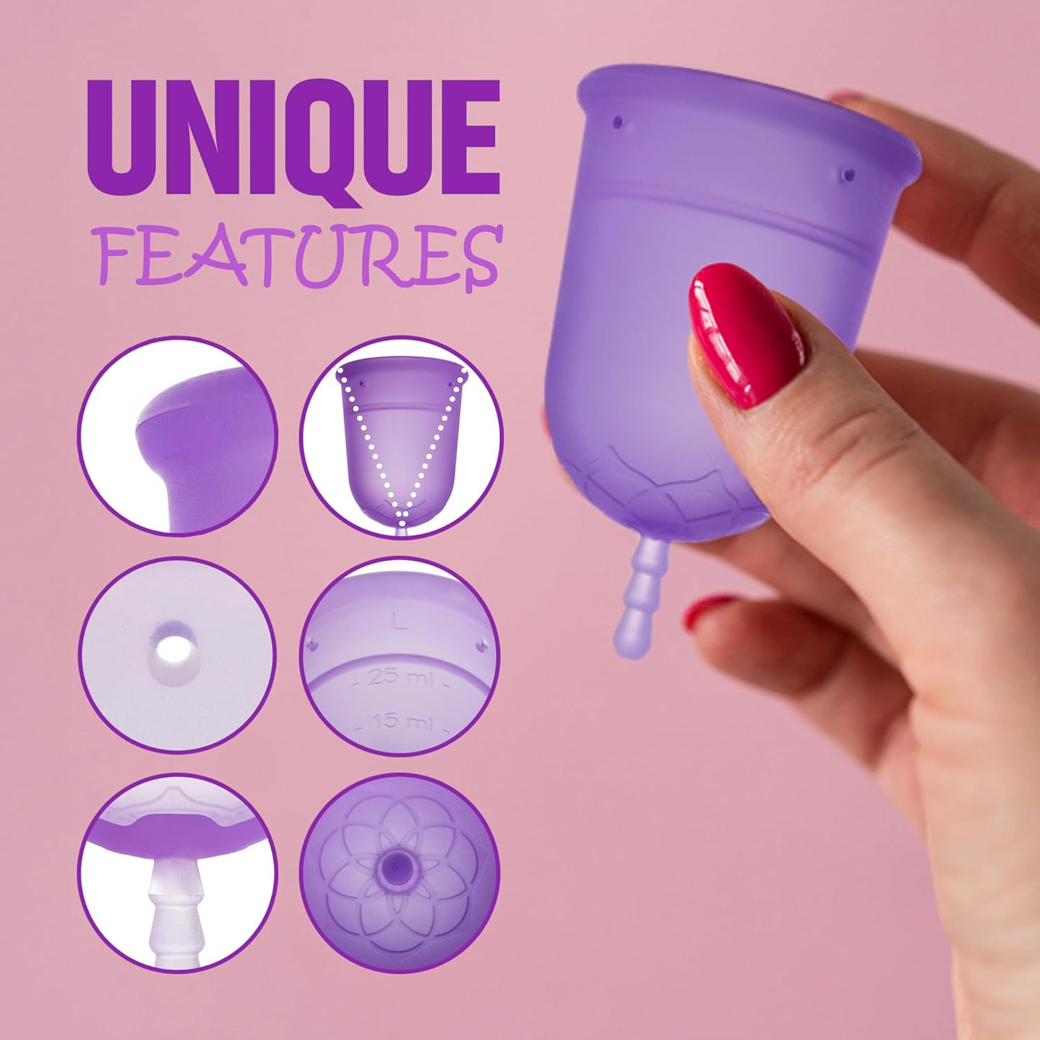 Venus Menstrual Cup - FDA Registered & 100% Medical Grade Silicone Reusable Period Cup - Unique Design to Ease Your Period Cycle - Large Capacity for Heavy Flow - Made in USA - Size Large - Purple image number 4