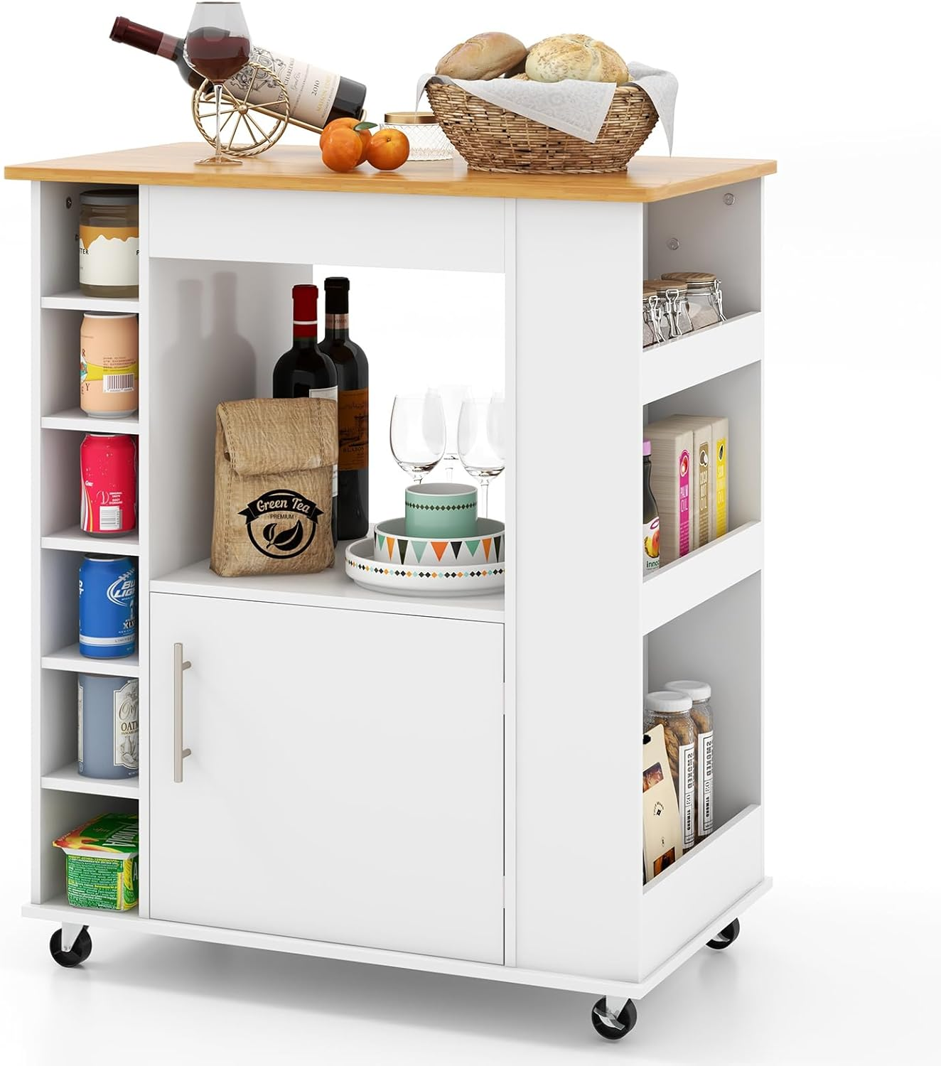 Giantex Kitchen Island with Storage, Rolling Kitchen Cart with Towel Rack, Storage Cart on Wheels W/Bamboo Top, 6-Bottle Wine Rack, Spice Rack for Dining Room, White