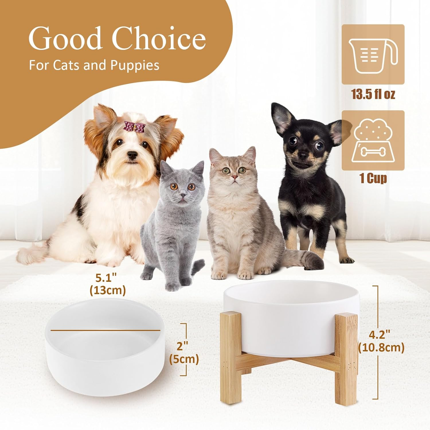 White Ceramic Elevated Raised Cat Bowls,Cat Food Dish with Stand, Raised Cat Food or Water Bowls anti Vomiting,Pet Bowl with anti Slip Rubber Pad,Stress Free for Cats and Small Dogs（400Ml/13.5Oz) - Green image number 6