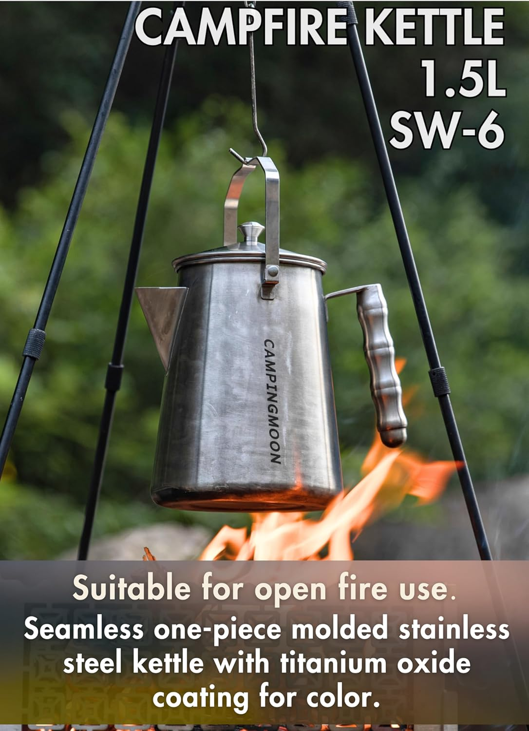 CAMPINGMOON 1.5L Campfire Kettle Stainless Steel Camping Coffee Pot Full Capacity 1.86L SW-6 image number 2