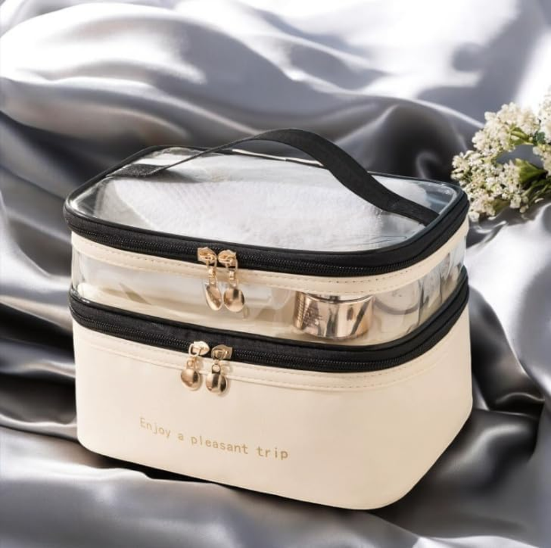 Travel Cosmetics Bag Waterproof Large Capacity - Makeup Toiletry Organiser with Double Zipper, Portable Washable Cosmetic Case for Women Men, Fashion Travel Accessories Storage Pouch (Cream) image number 3